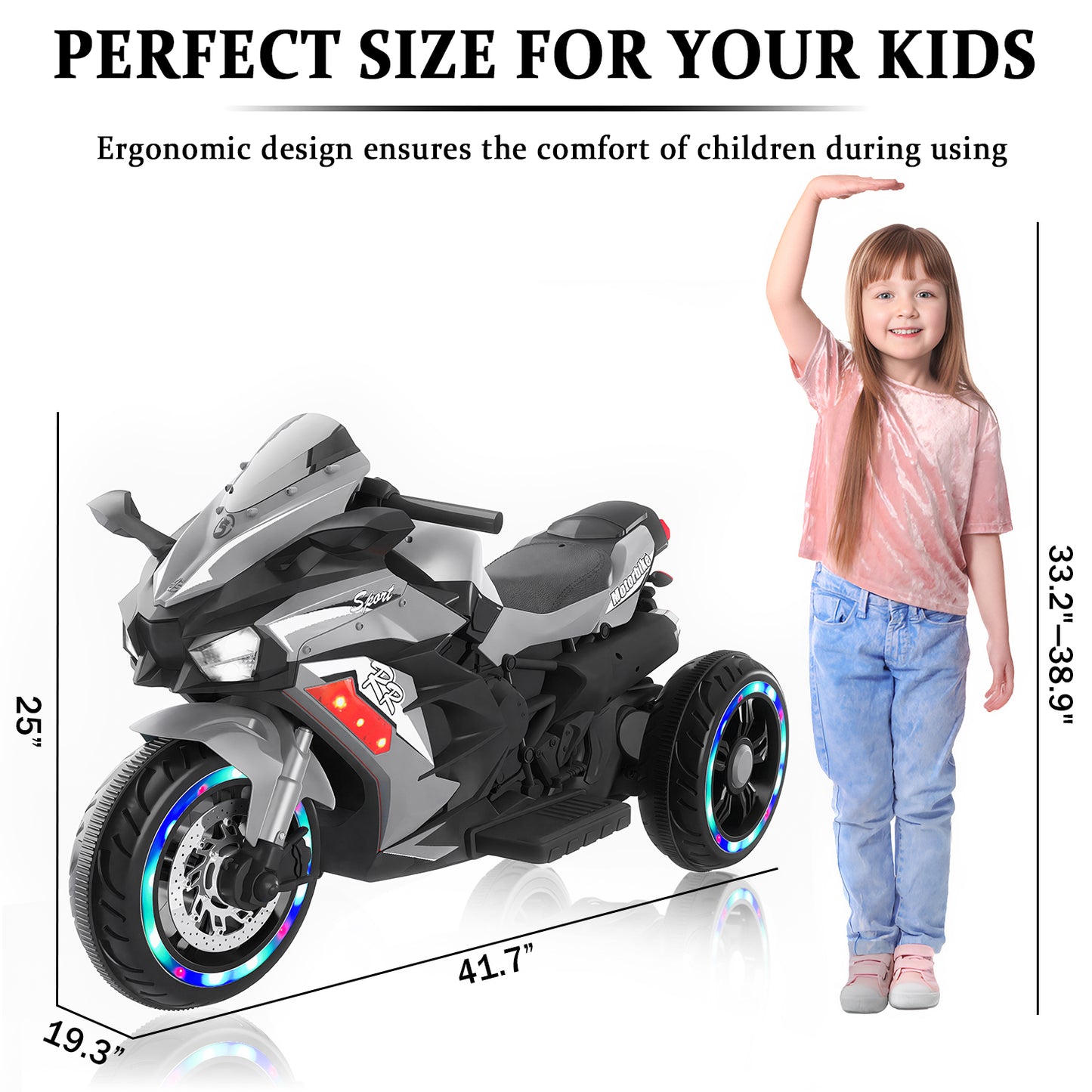 12V Ride on Motorcycle, Kids Electric Motorcycle with USB/MP3, Motorized Motorcycle Ride on Toy for Kids Toddler Boys Girls Aged 3-5, 3 Wheelers