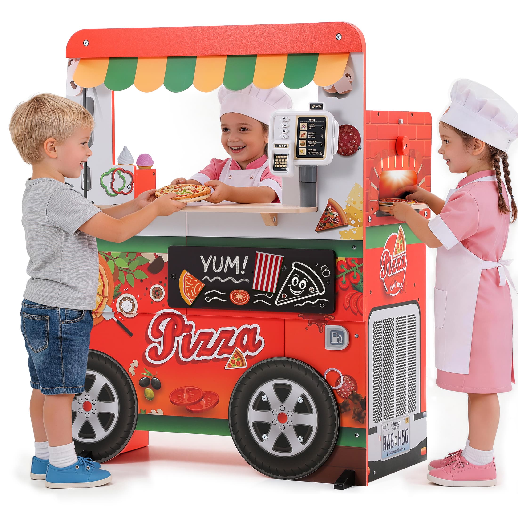 iYofe Wooden Food Truck Toy, Pizza Play Set Pretend Kitchen with Light Sound Oven and Credit Card Machine, Ice Cream Cart, Dramatic Play Center for Classroom for Boys Girl 3+