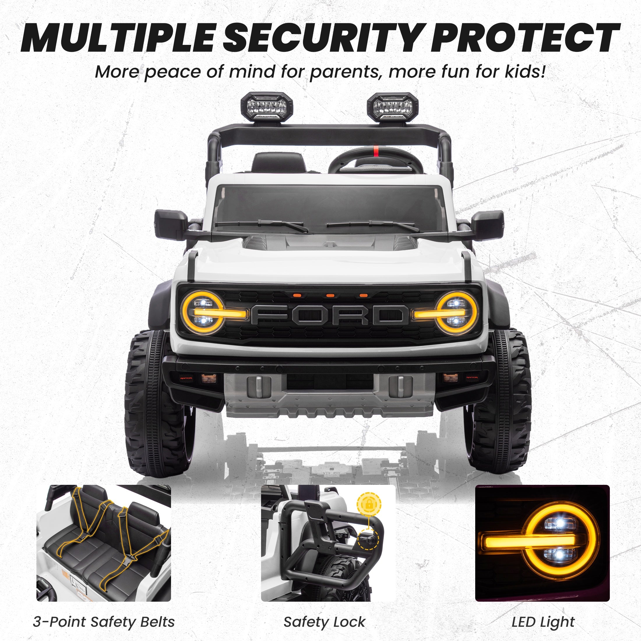 iYofe 24V 2 Seater Ride on Cars, Licensed Ford Bronco Raptor Powered Ride on Trucks with Remote Control, Spring Suspension, Bluetooth, LED Light, Ride on Toys for Kids Ages 3-8 Boy Girls Gift, White
