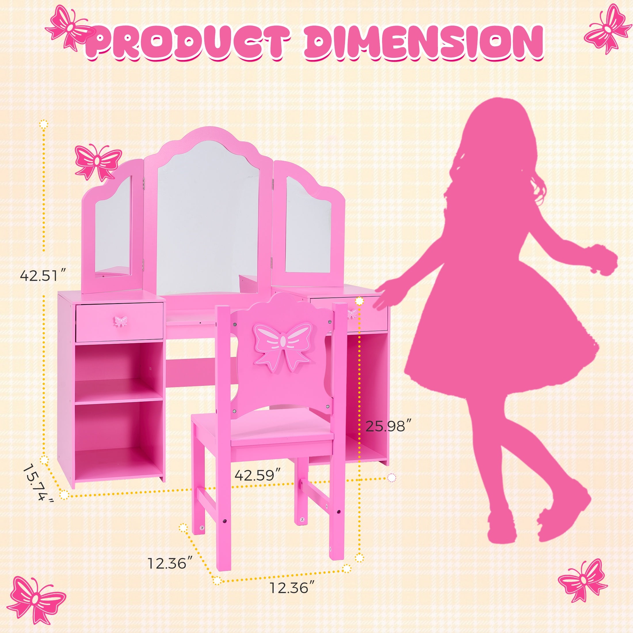iYofe Kids Vanity Set, Girls Vanity Set with Mirror and Stool, Princess Girls Makeup Vanity Desk with Drawers, Open Storage Cabinet, Toddler Vanity Table and Chair Set for Little Girls Age 3-9, Pink