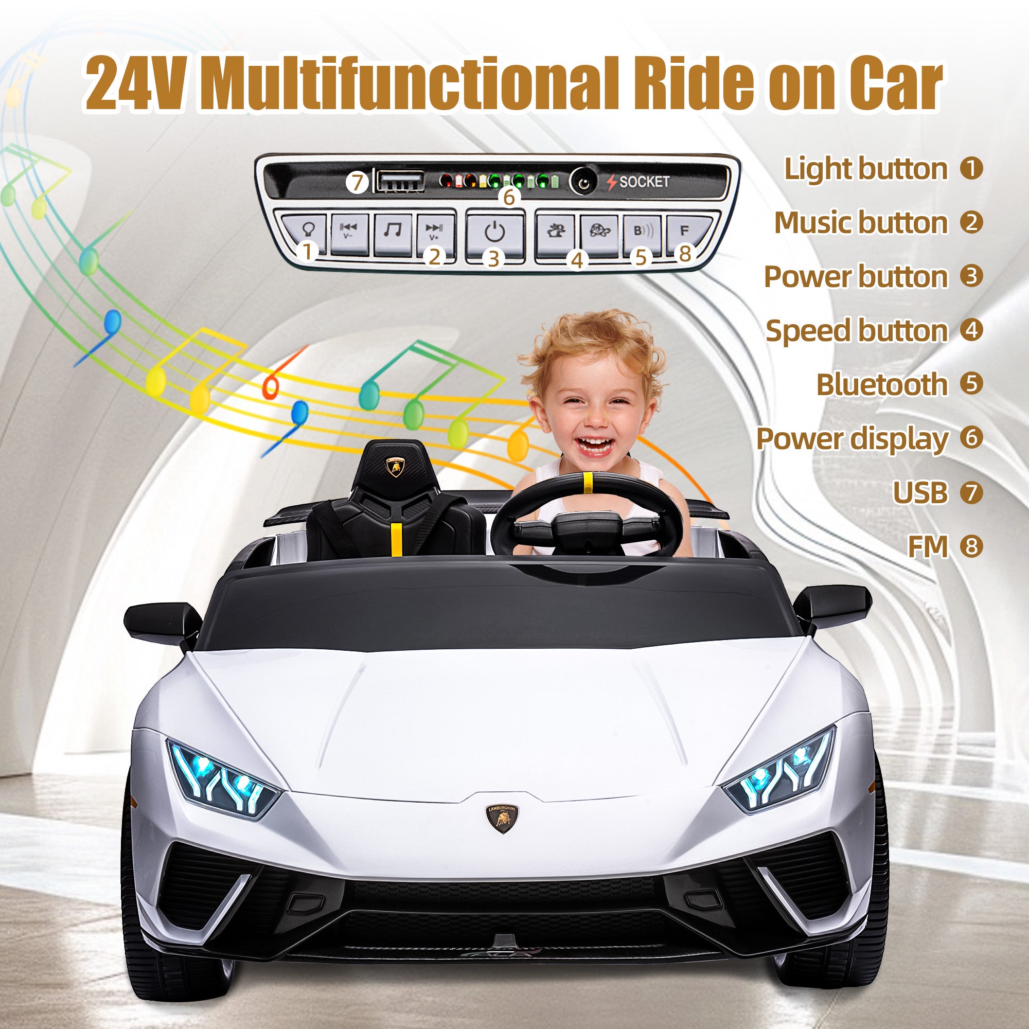 Lamborghini 24V Ride on Car for Big Kids, Lamborghini Huracan Battery Powered Ride on Toy with Remote Control, Electric Car for Kids Toddlers 3-8, 4 Wheelers Car w/ Bluetooth & Light, 360° Spin, Pink