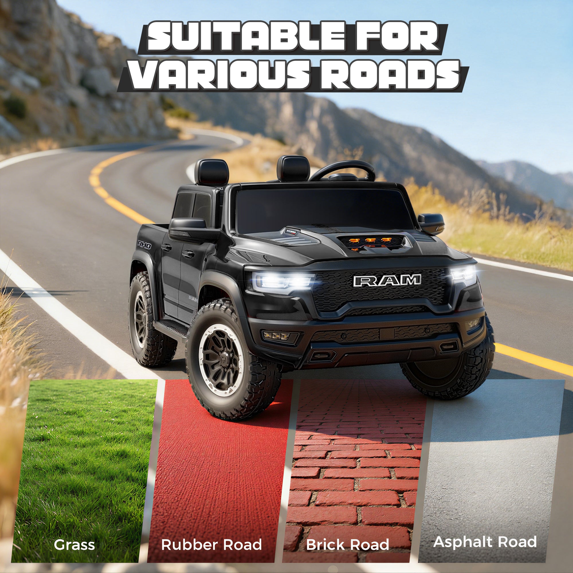 iYofe Ram 24V Ride on Car 2 Seater, Ram 1500 RHO Battery Powered Electric Car Truck with 4 Wheels, Ride on Toy with Remote Control for Big Kids Toddlers 3-8 Boys Girls, Bluetooth & Trunk