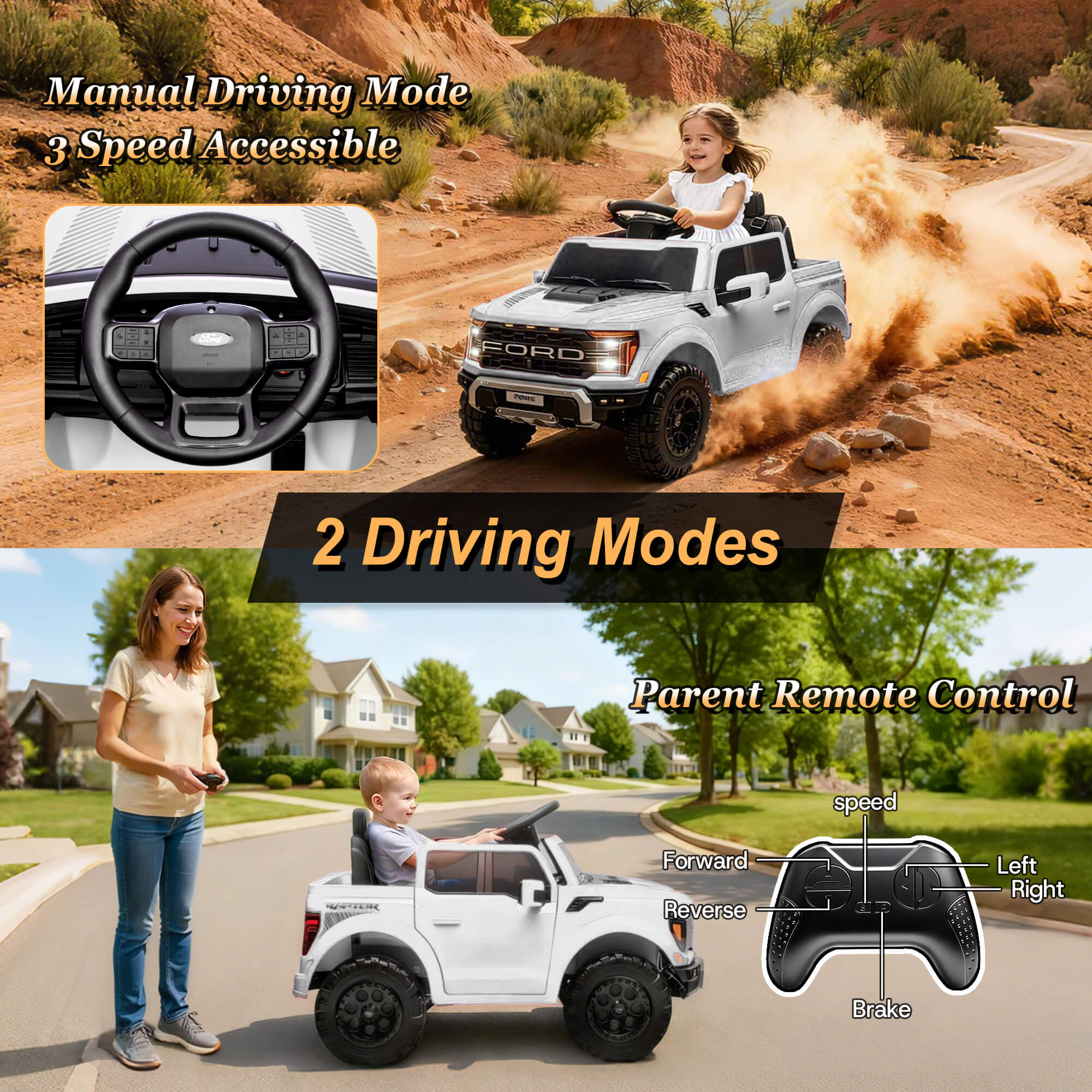 iYofe Ford F-150 Raptor licensed electric ride-on car with dual control, drive by steering wheel or parent 2.4G remote control