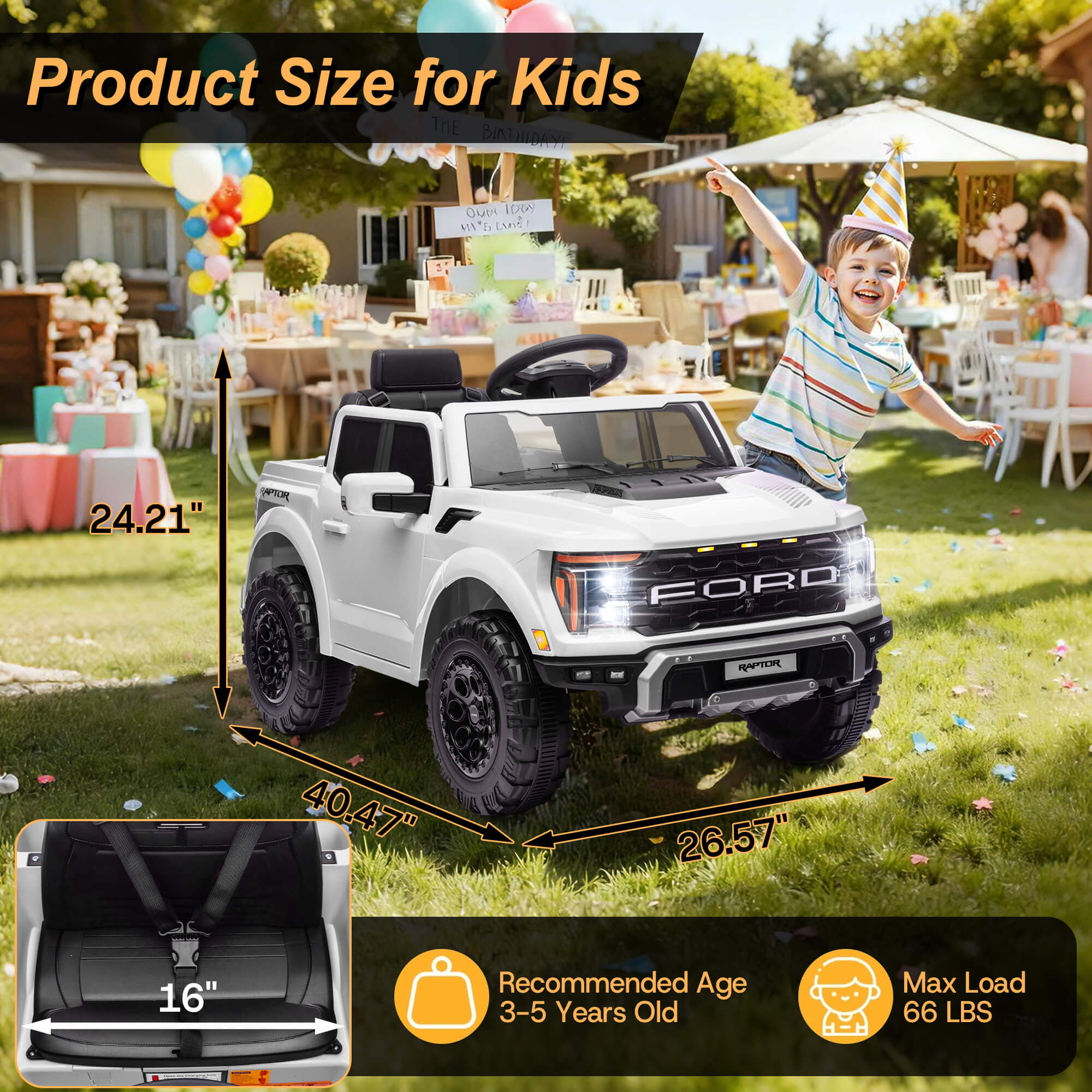 iYofe Ford F-150 Raptor licensed electric ride-on car with maximum load 66LBS, suitable for 3–5 years old children