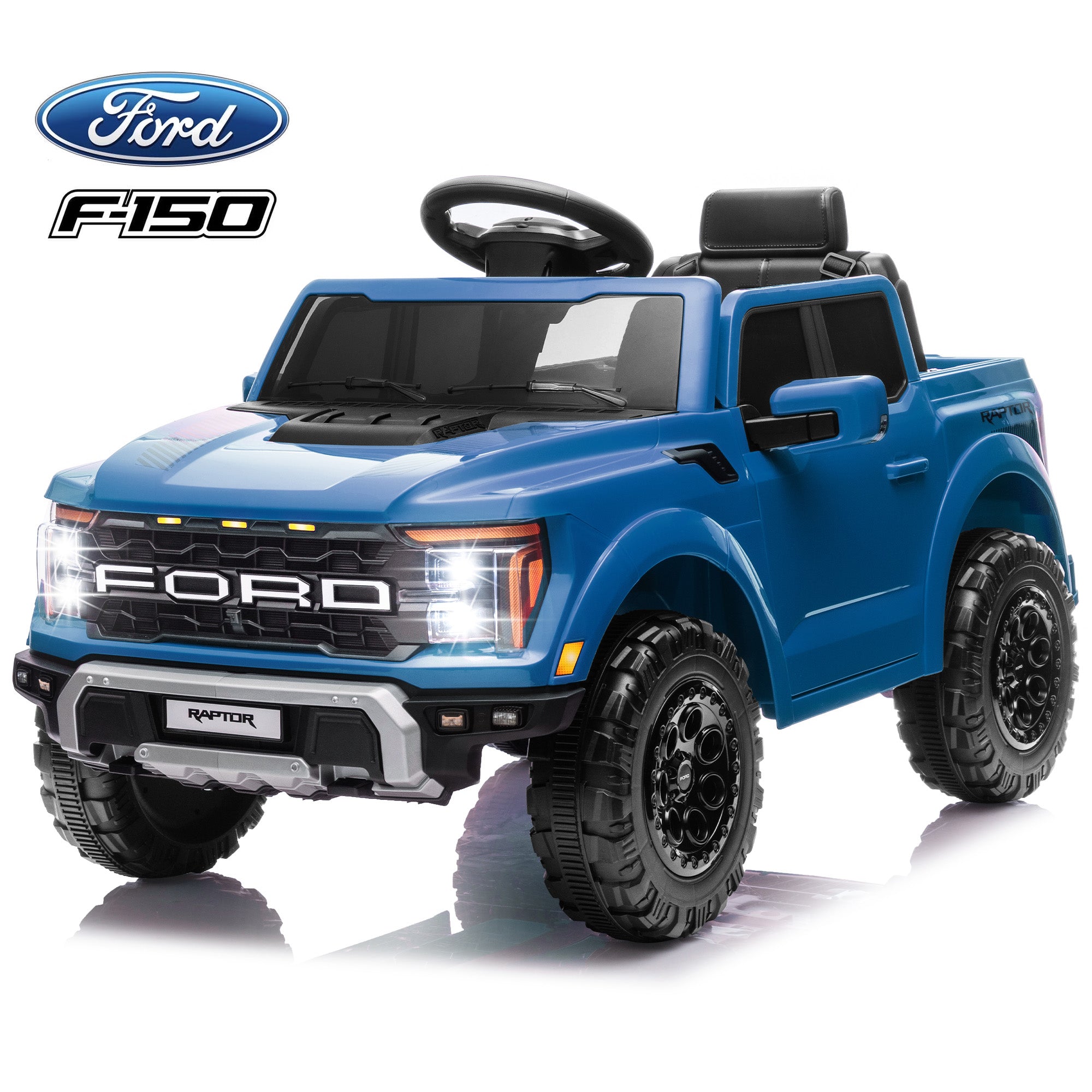 Blue single-seat 12V Ford F-150 licensed kids electric ride-on car with LED headlights and large off-road wheels by iYofe