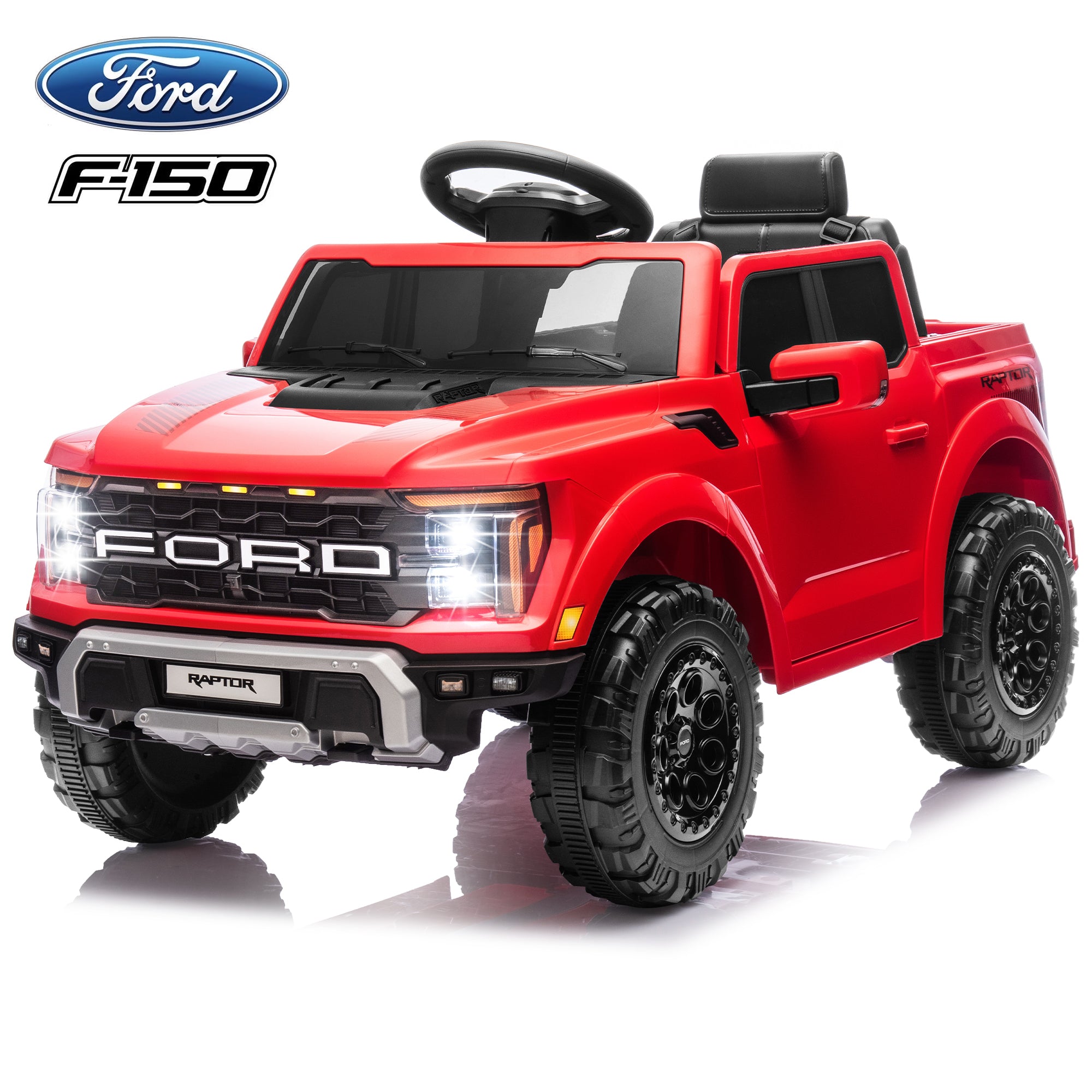 Red single-seat 12V Ford F-150 licensed kids electric ride-on car with LED headlights and large off-road wheels by iYofe
