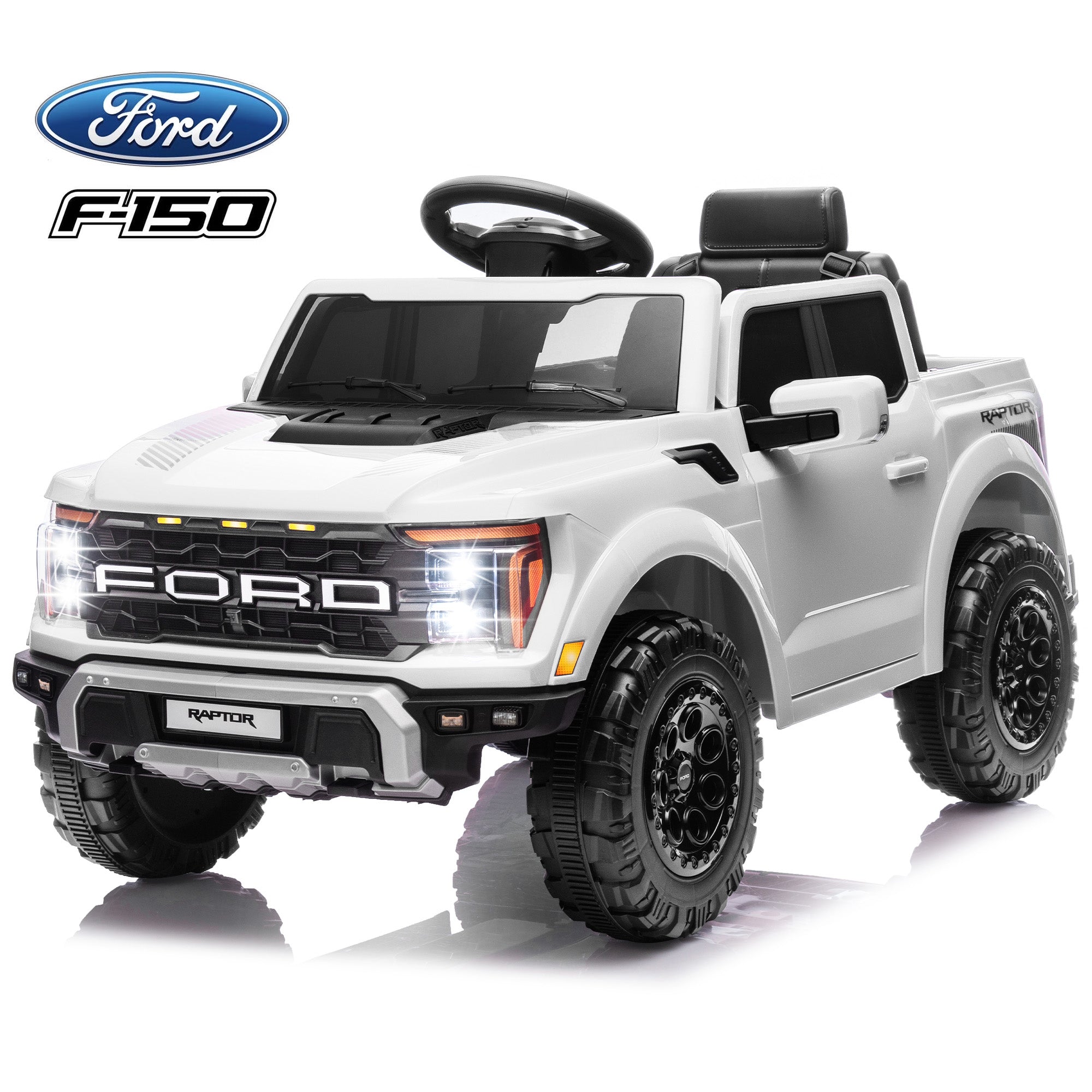White single-seat 12V Ford F-150 licensed kids electric ride-on car with LED headlights and large off-road wheels by iYofe