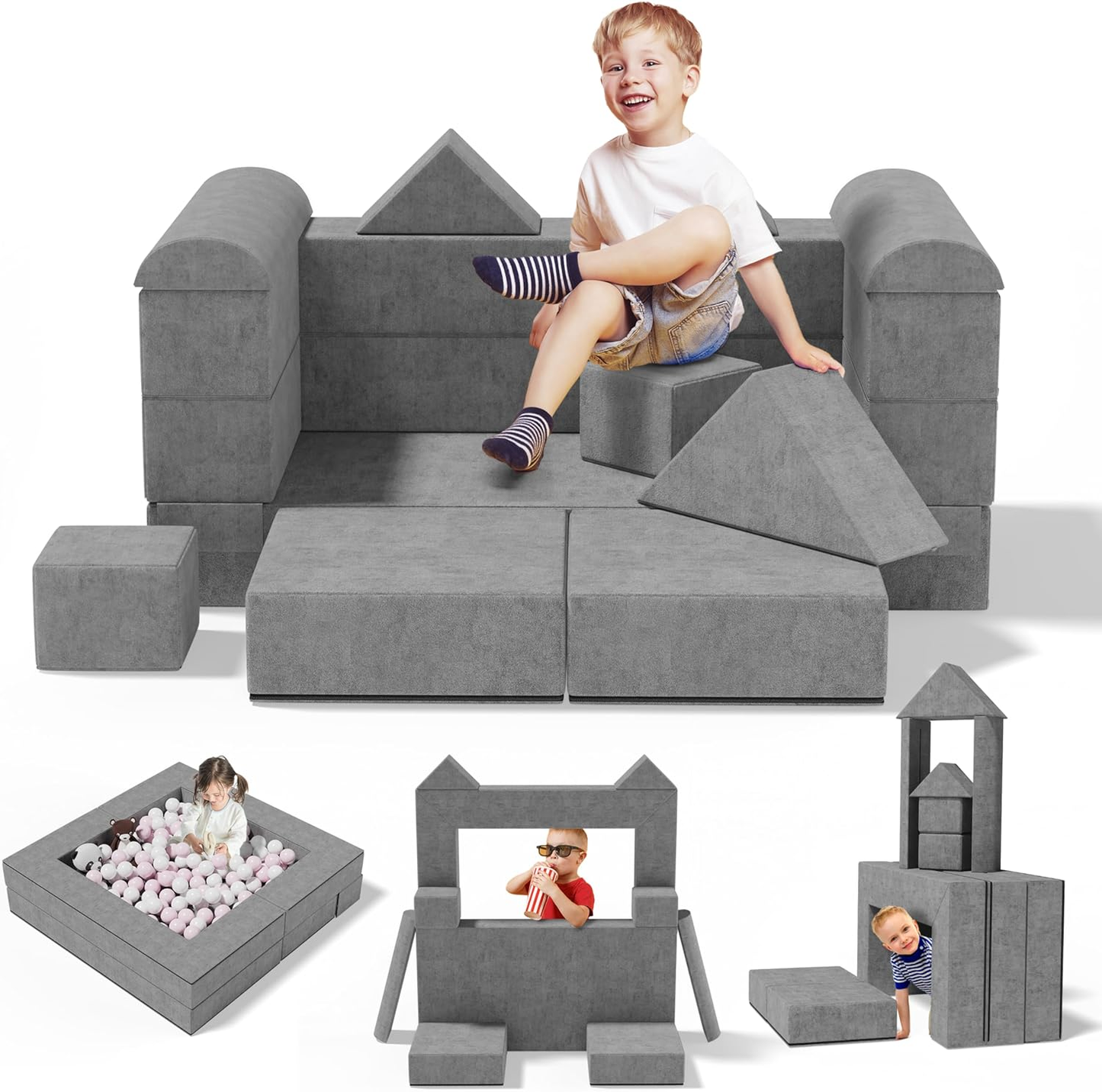 12PCS Kids Couch, DIY Creative Nugget Couch, Suede Toddler Couch, Kids Sofa with Plus Elastic Sponge, Pure Material, Multifunctional Floor Sofa Couch, Modular Kids Play Couch for Playroom, Gray