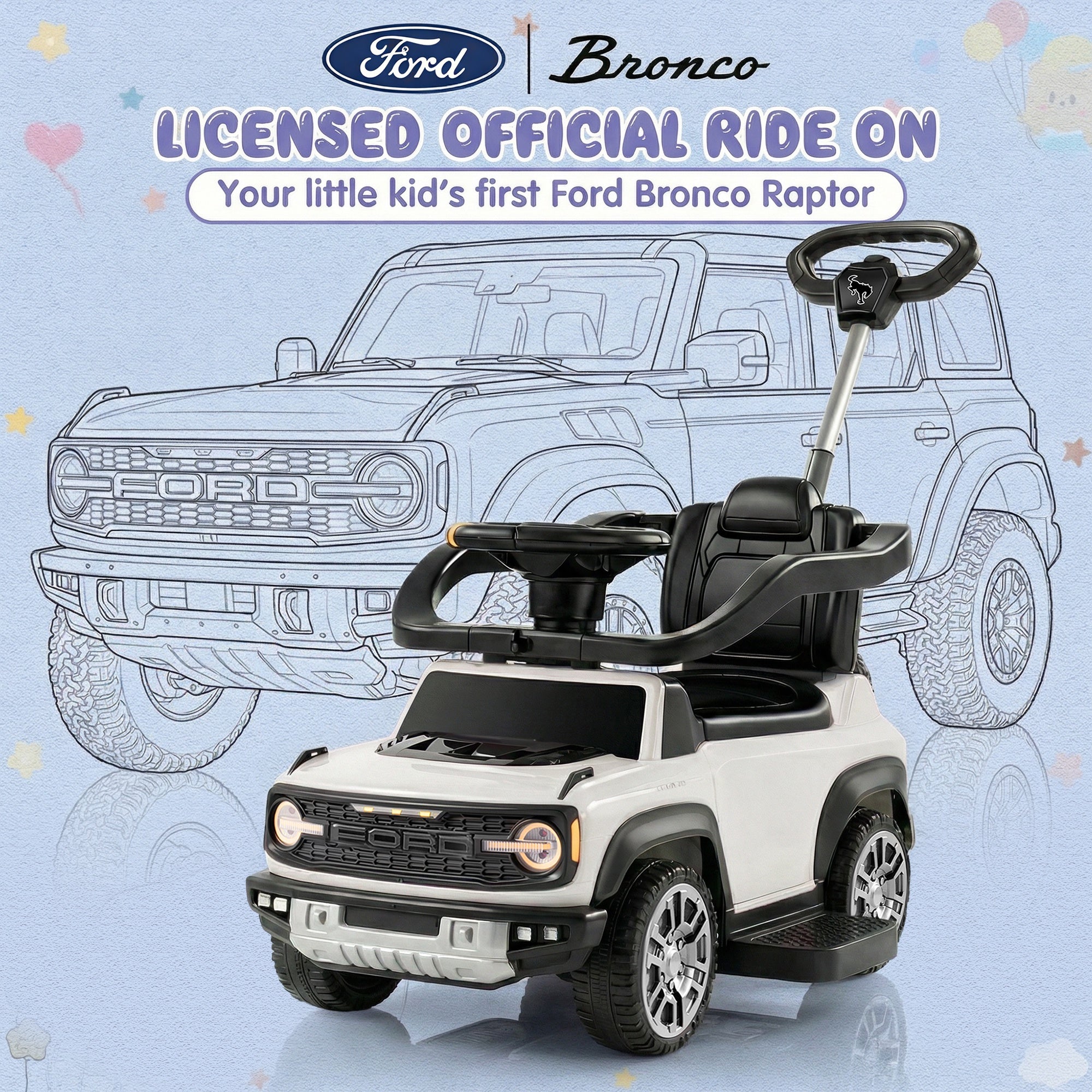 iYofe Kids Ride on Push Car, Licensed Ford Bronco Raptor Toddlers Ride on Toys with Horn, Music, Handle, Under Seat Storage, Kids Push Car for Toddlers 18 Months +, White
