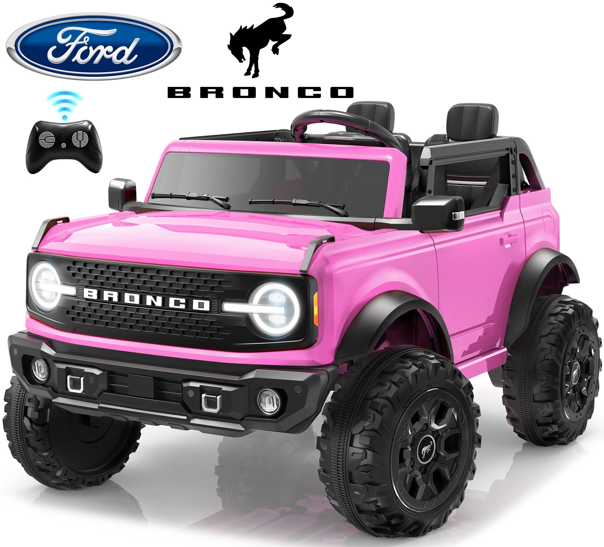 iYofe 24V Ride On Toys for Big Kids 2 Seat, Ford Bronco Base Powered Ride On Cars w/Remote Control, 4 Wheel Spring Suspension, Lights, Bluetooth, Kids Electric Car for Boys Girls Age 3-8, Pink