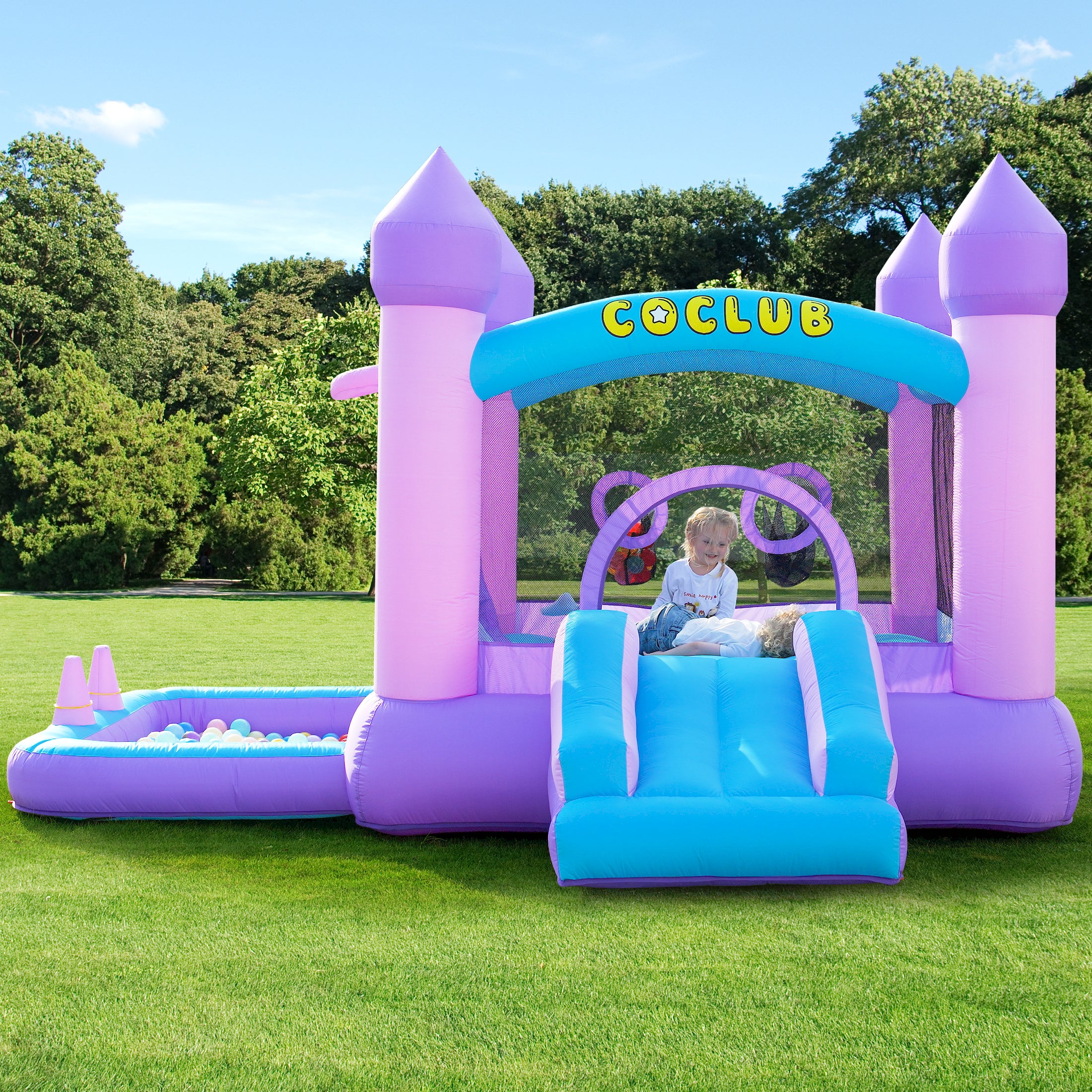 Bounce House with Blower, Outdoor Bounce Castle with Slide/Basketball Hoop/Ball Pit/Ring-toss Game/Pitching Game, Jump House for Kids Toddlers Ages 3-12