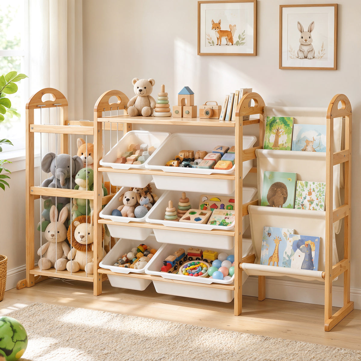 iYofe 3-in-1 Toy Storage Organizer with Bookshelf and Stuffed Animal Storage, Kids Playroom Organization with 3 Shelves and 6 Toy Bins, Toy Box for Children Room