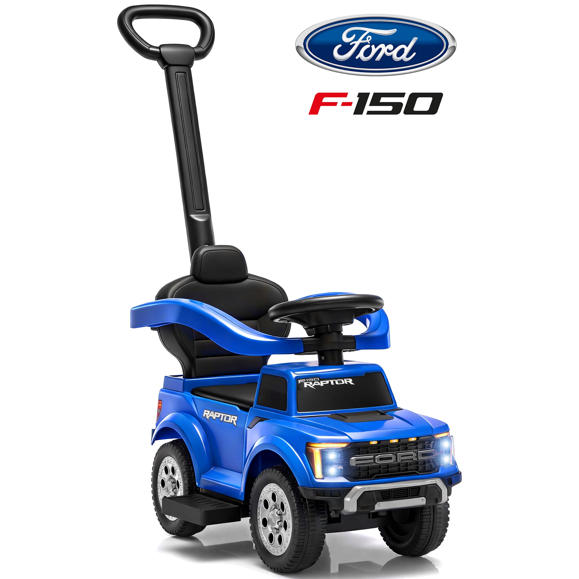 iYofe 3 In 1 Push Cars for Kids, Licensed Ford F-150 Kids Ride On Toys with Removable Parental Handle and Safety Rail, Horn, LED Lights, Ride On Car for Toddler Ages 18-36 Months, Black