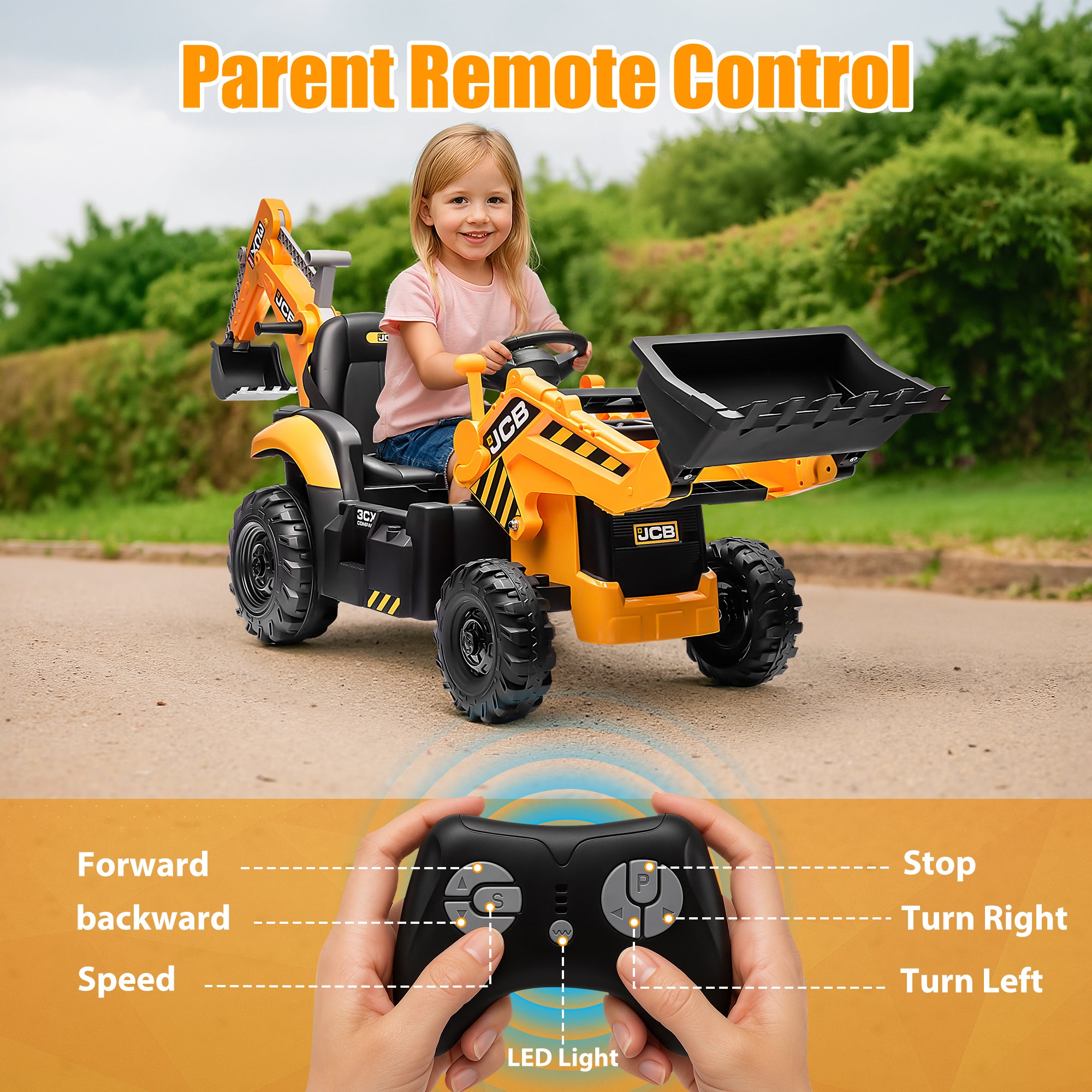 iYofe 24V Kids Ride on Excavator Toy Cars, JCB Powered Ride on Backhoe Construction Toy with Bluetooth, Electric Tractor Car with Remote Control, Digger and Loader for 3-6 Boys Girls