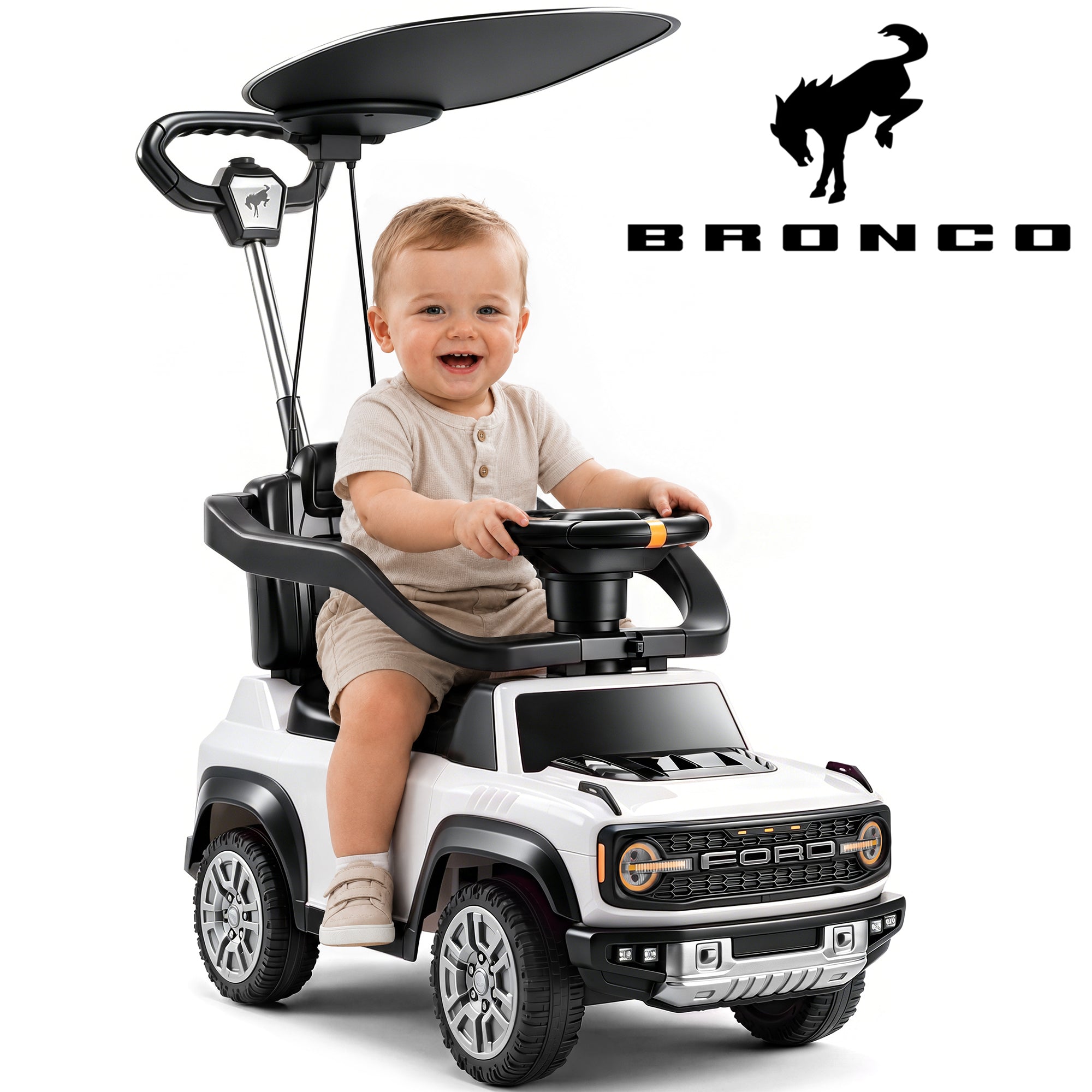 iYofe Ford Bronco 3-in-1 Toddler Push Car for Ages 1-3, Ride On Toy with Adjustable Parent Handle, Canopy, Safety Guardrail, Horn & Silent Wheels, Push Car for Toddlers