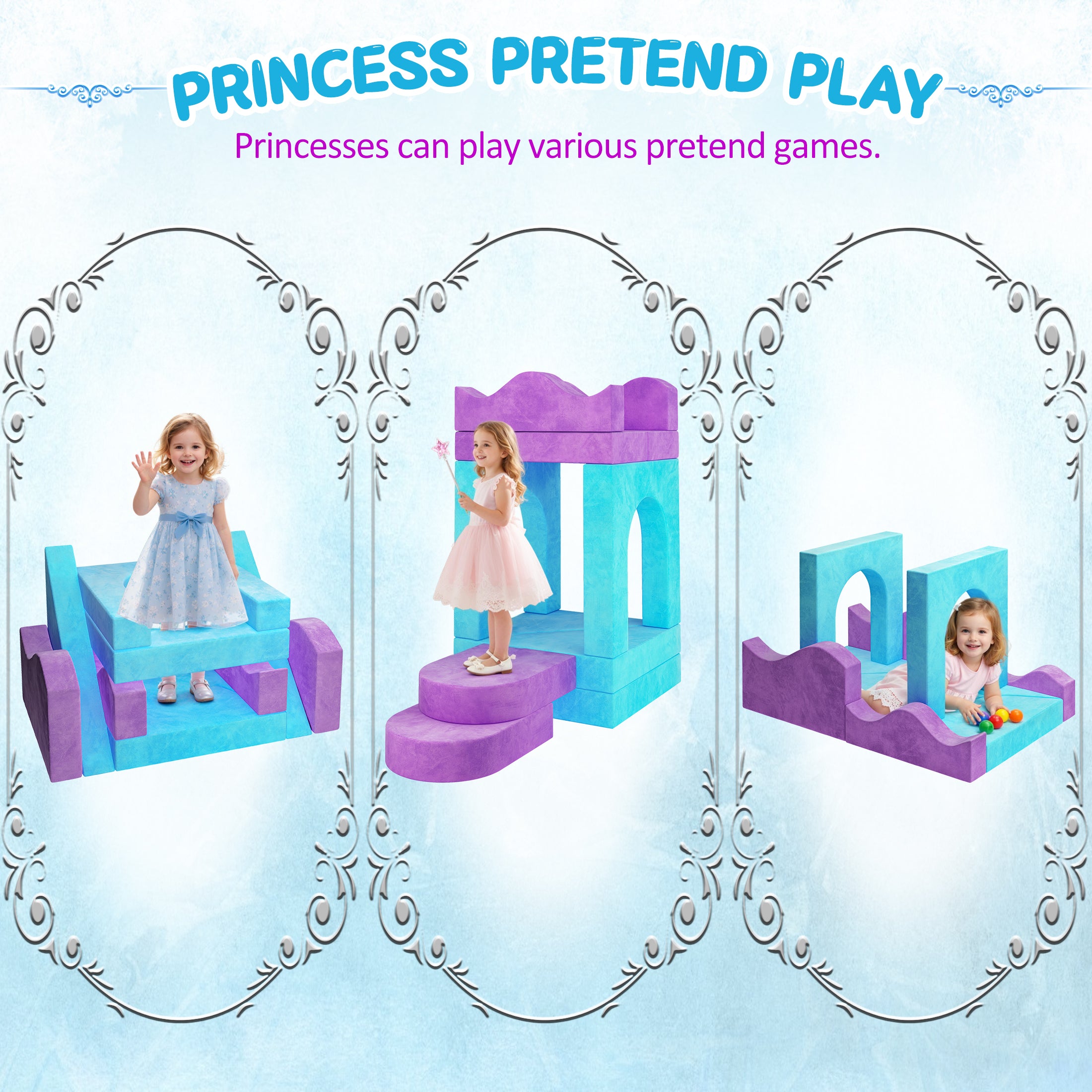 Modular Kids Play Couch Set for Toddlers Playroom, 12PCS Large Foldable Soft Kids Sofa, 3 in 1 Foam Convertible Couch Fort Building Floor Bed for Girls 3-5, Washable Velvet, Purple