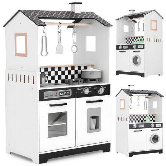 iYofe Wooden Play Kitchen for Toddlers 3-5, 2-in-1 Kids Kitchen & Laundry Playset, Montessori Toys with Realistic Cooking & Pretend Play Accessories, Learning Toys Gift for Girls & Boys