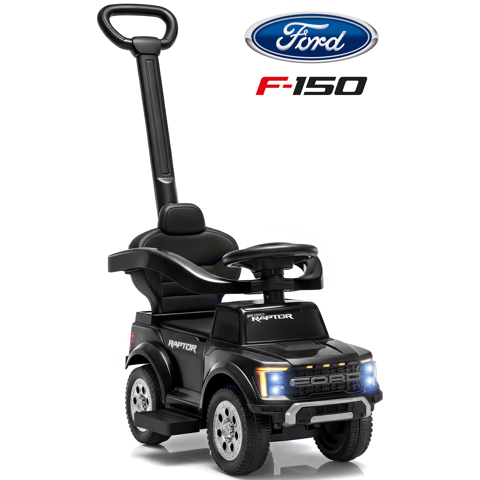 iYofe 3 In 1 Push Cars for Kids, Licensed Ford F-150 Kids Ride On Toys with Removable Parental Handle and Safety Rail, Horn, LED Lights, Ride On Car for Toddler Ages 18-36 Months, Black