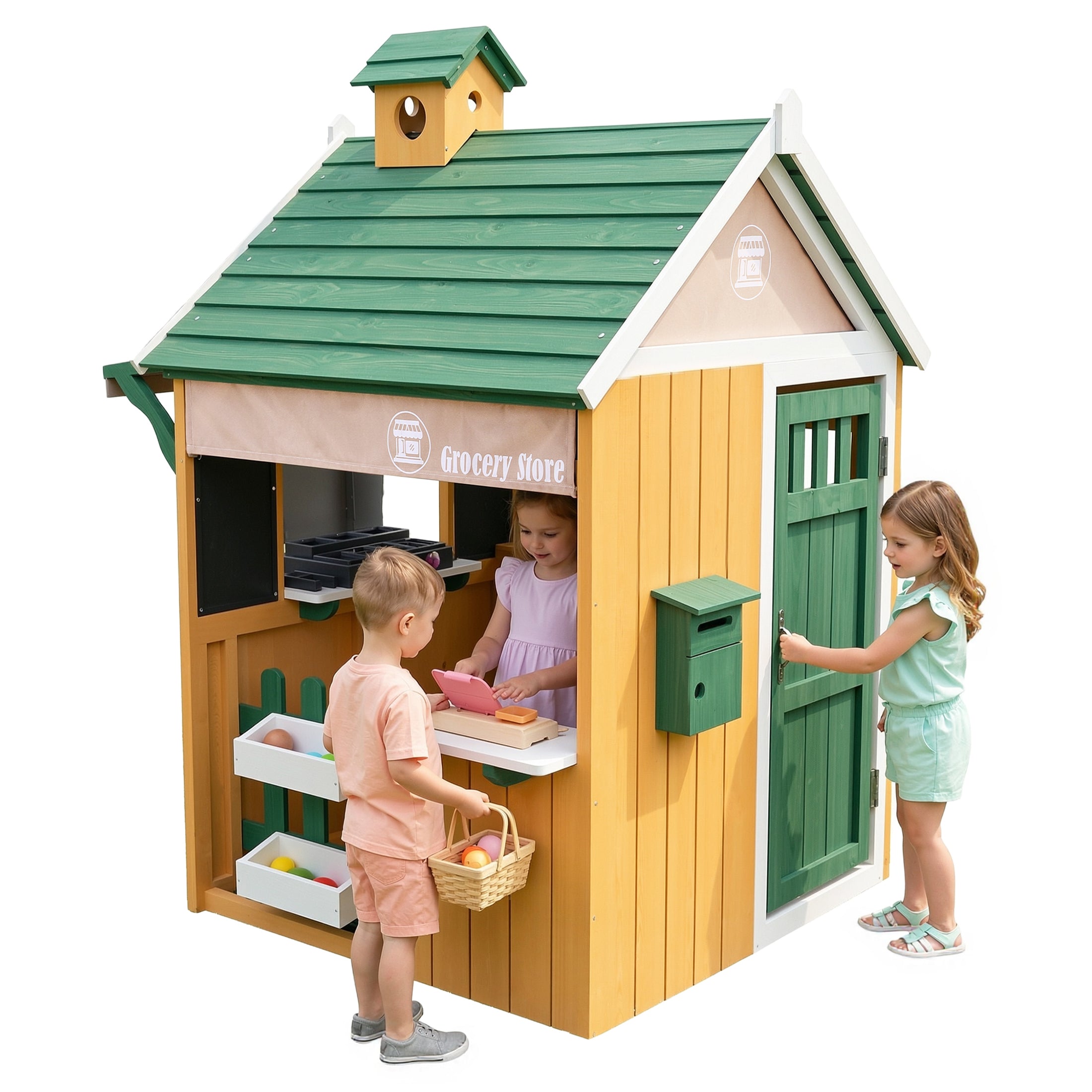 iYofe Outdoor Playhouse for Kids, Grocery Store Wood Playhouse with Checkout Counter, Pretend Cash Register, Outside Play House with BBQ Grill Kitchen Playset, Pretend Food for Girls Boys