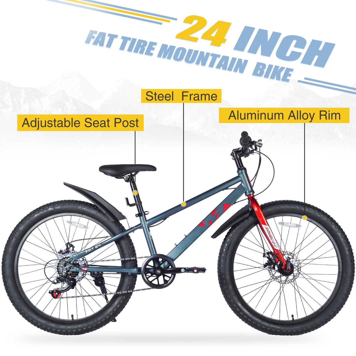 24" Mountain Bikes for Boys Girls, 7 Speed Fat Tire Mountain Bicycle w/ Disc Brakes, Bike for kids Youth Teen Adults, City Bikes Street Suit for Rider Height 56"-66" Ages 10+, 85% assembled (Gray)