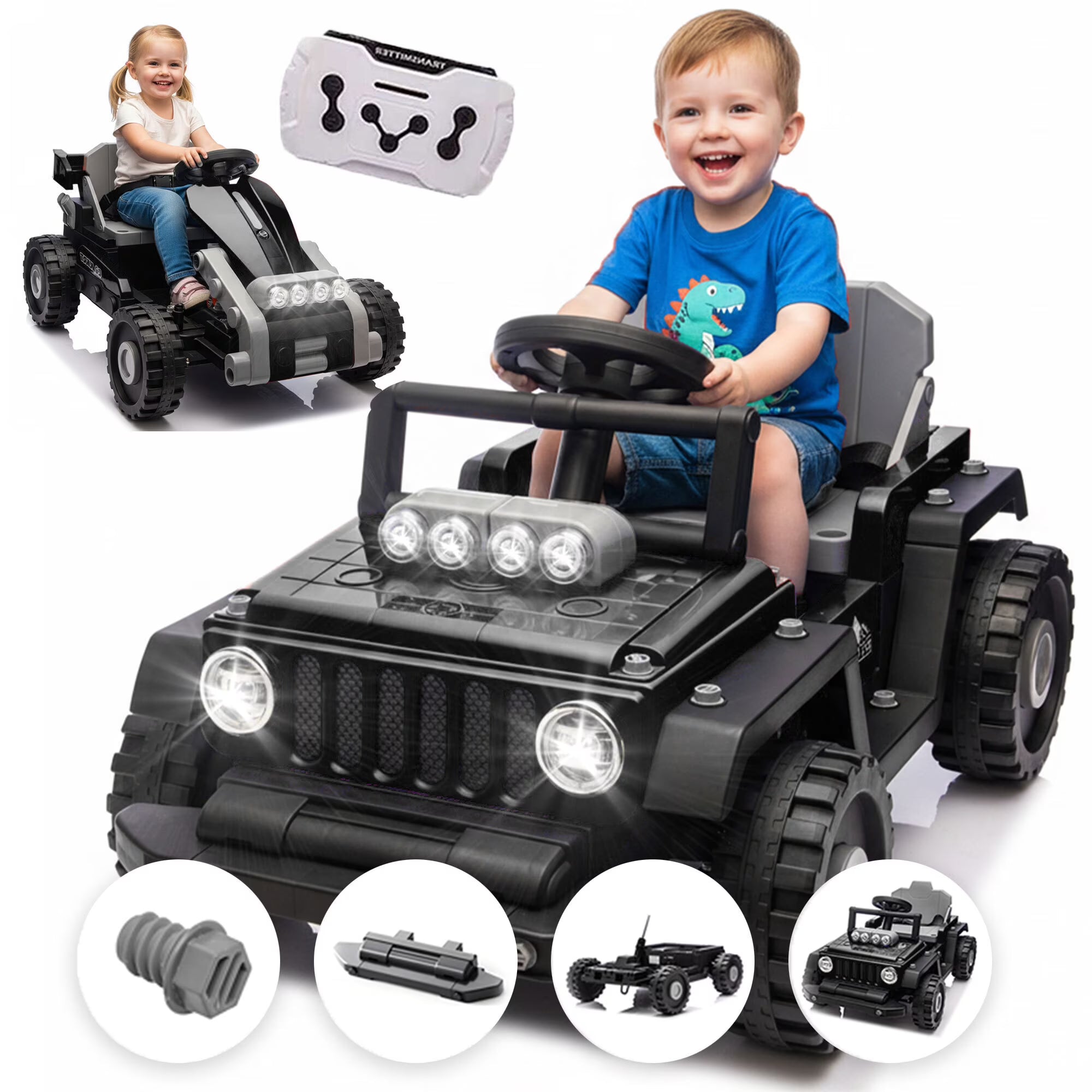 2-In-1 12V Kids Ride On Building Block Cars with Remote Control, Electric Truck Car/Kart-Switch Freely, Toddler Car with Multifunctional Control Panel, Toys Gift for Boys Girls 2-4