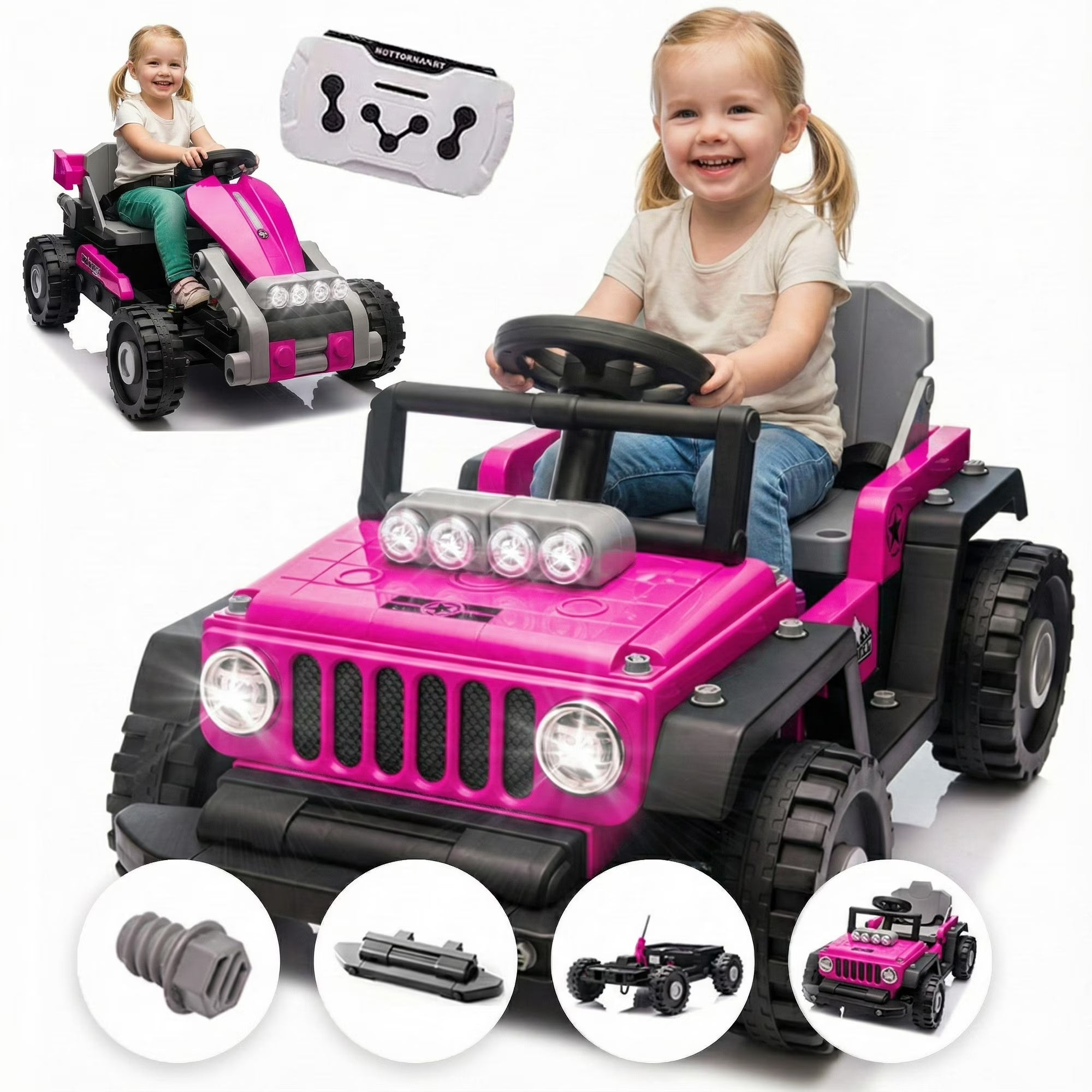 2-In-1 12V Kids Ride On Building Block Cars with Remote Control, Electric Truck Car/Kart-Switch Freely, Toddler Car with Multifunctional Control Panel, Toys Gift for Boys Girls 2-4