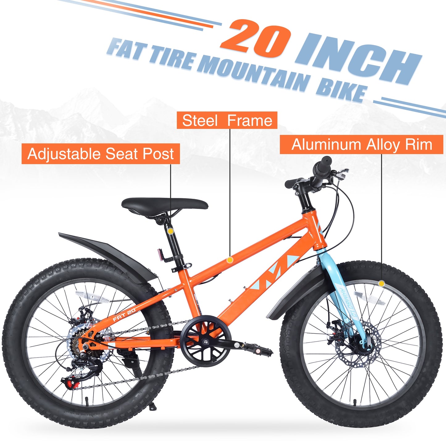 20" Kids Mountain Bikes for Boys Girls, 7 Speed Fat Tire Mountain Bicycle w/ Disc Brakes, Bike for kids Ages 5-12 Years Old, City Bikes Street Suit for Rider Height 44"-56", 85% assembled (Orange)