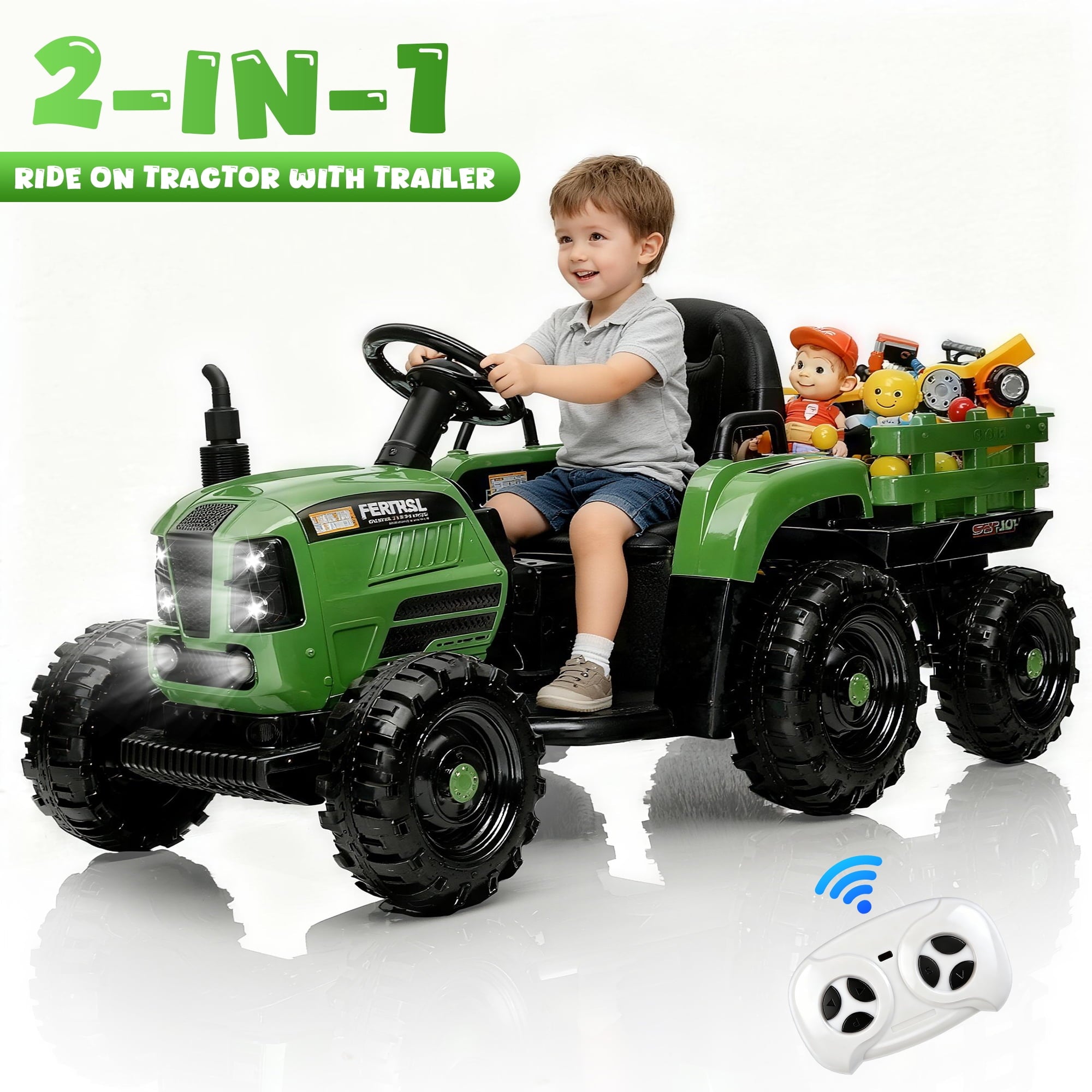 24V 2 in 1 Ride on Tractor Toys for Kids, Battery Powered Ride on Tractor with Remote Control, Tiltable & Detachable Trailer, Bright Headlight, Bluetooth, Green