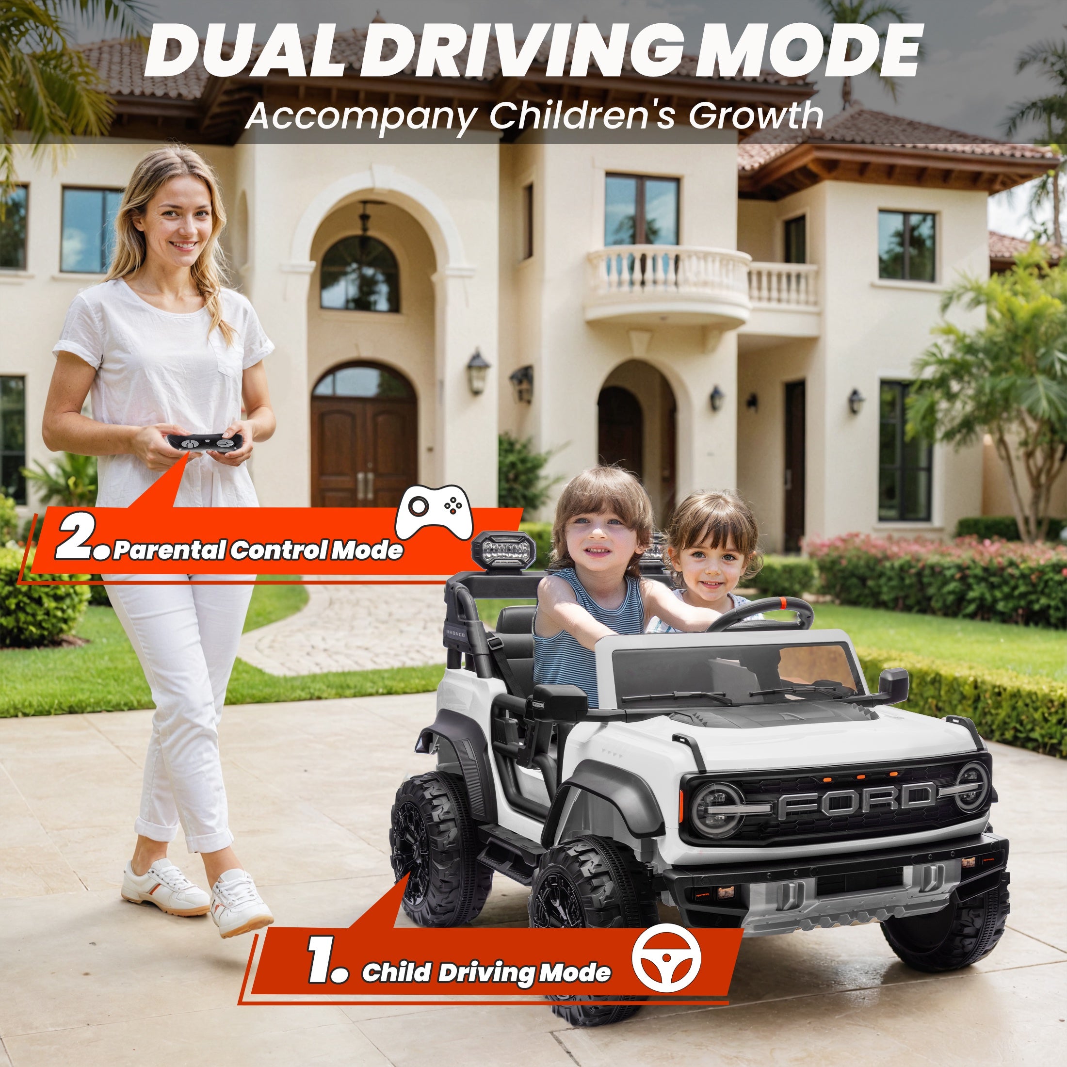 iYofe 24V 2 Seater Ride on Cars, Licensed Ford Bronco Raptor Powered Ride on Trucks with Remote Control, Spring Suspension, Bluetooth, LED Light, Ride on Toys for Kids Ages 3-8 Boy Girls Gift, White