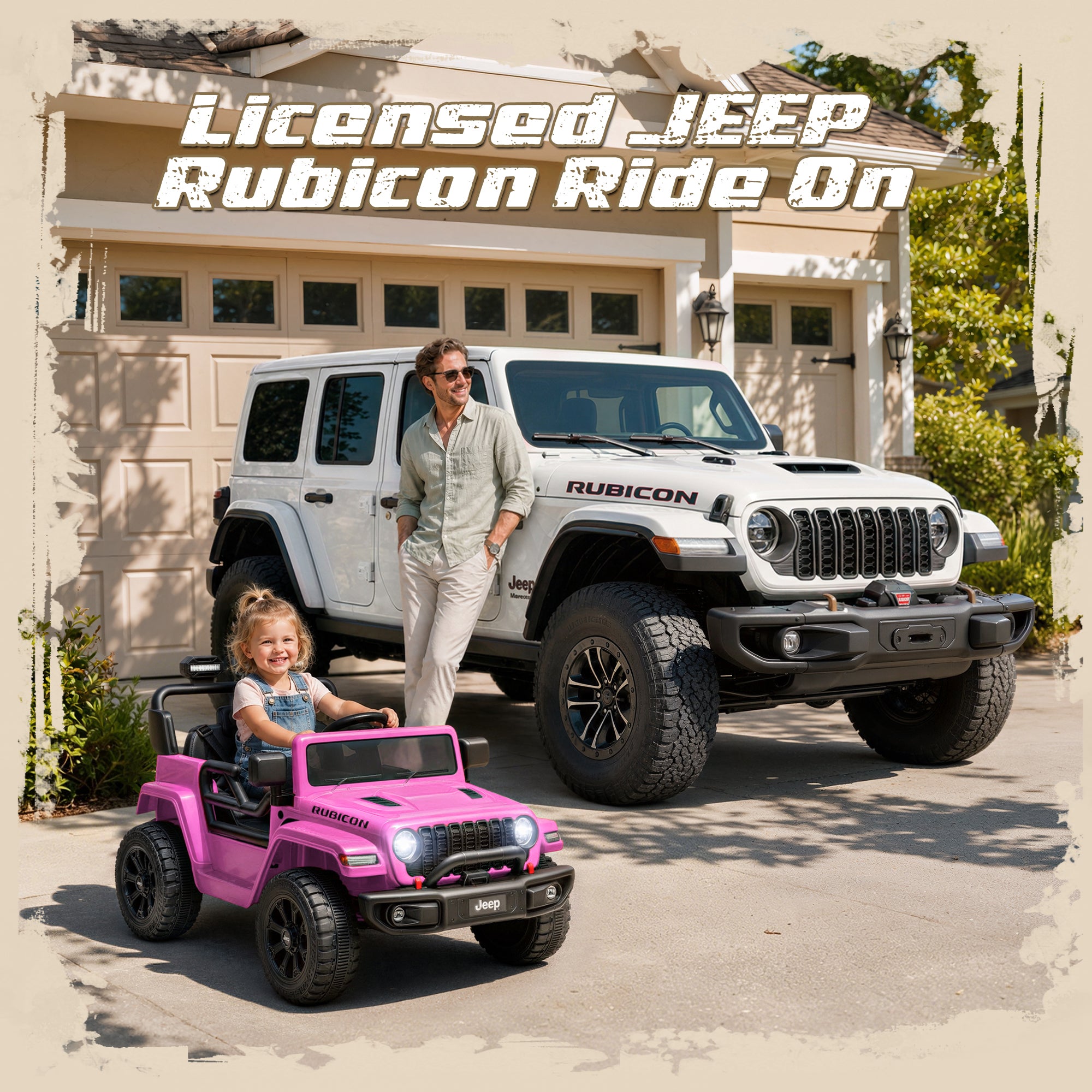 iYofe 12V Ride On Cars for Kids, Licensed Jeep Rubicon Powered Electric Car w/Dual Wheels Suspension, Parent Remote Control, Lights, Music, Ride On Toys for Boys Girls Age 3+, Pink