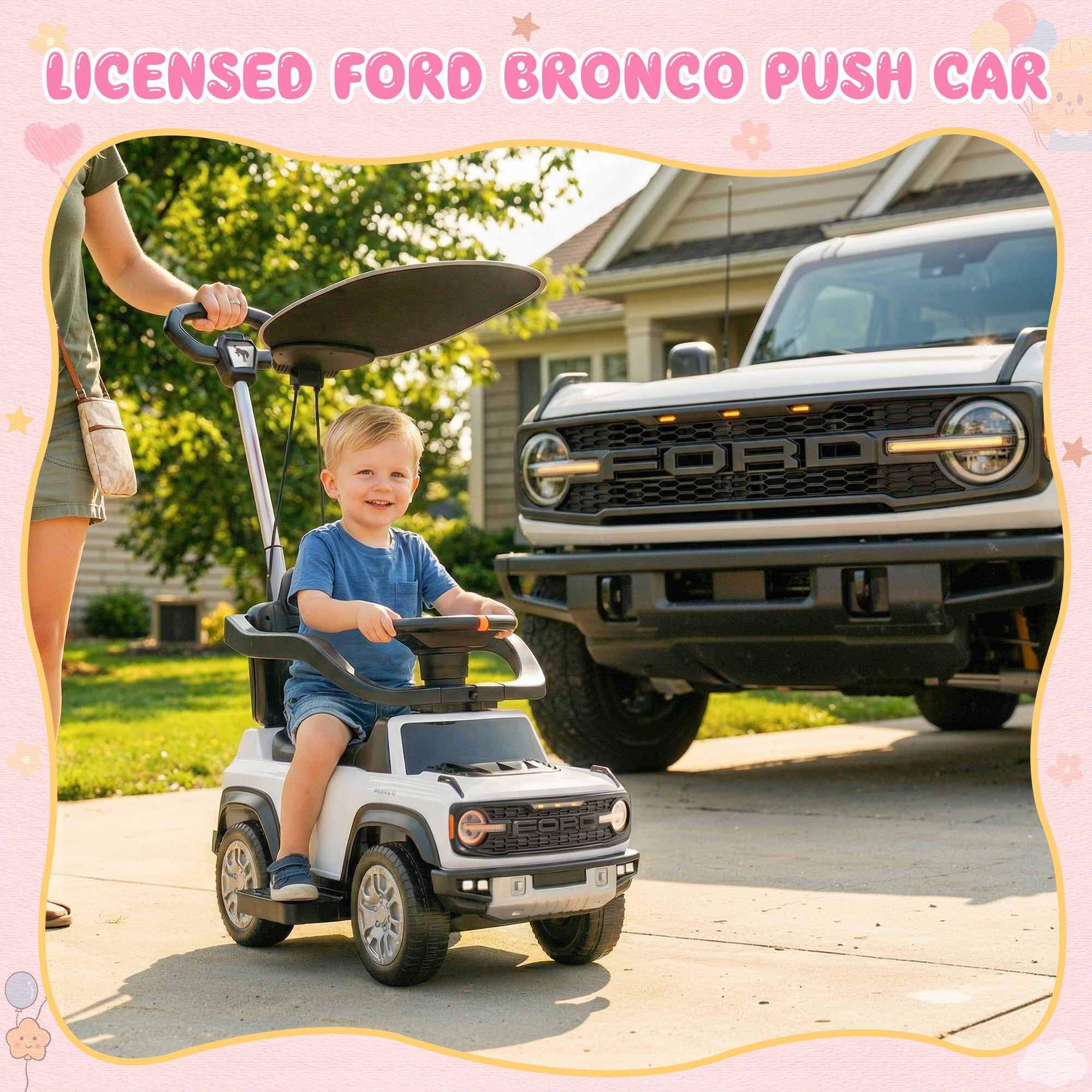 iYofe 3 In 1 Push Cars for Kids, Licensed Ford Bronco Ride On Toys w/Adjustable Handle, Canopy, Armrest Guardrail, Horn, Silent Wheels, Boys Girls Ride On Car for Toddlers Ages 18-36 Month