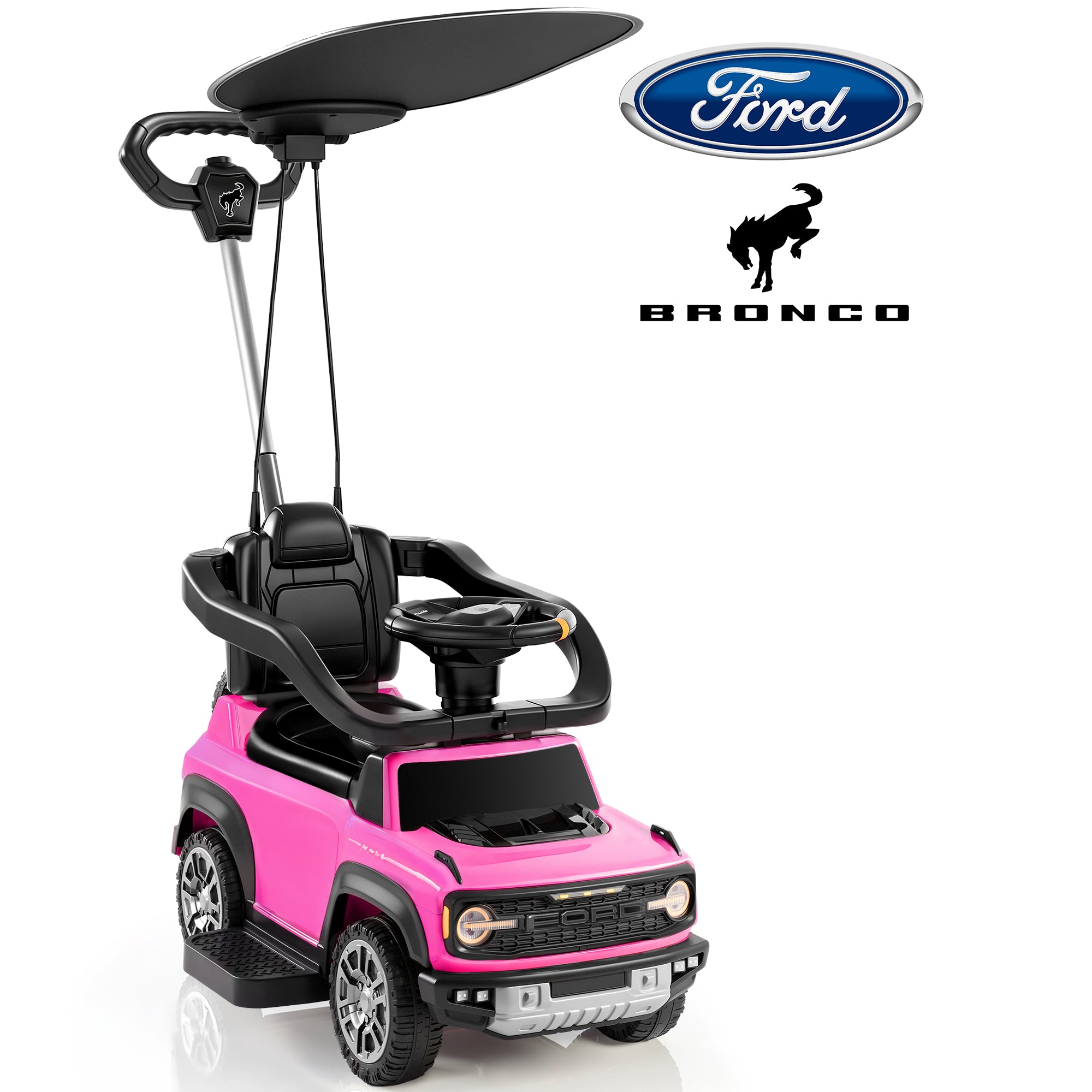 iYofe 3 In 1 Push Cars for Kids, Licensed Ford Bronco Ride On Toys w/Adjustable Handle, Canopy, Armrest Guardrail, Horn, Silent Wheels, Boys Girls Ride On Car for Toddlers Ages 18-36 Month
