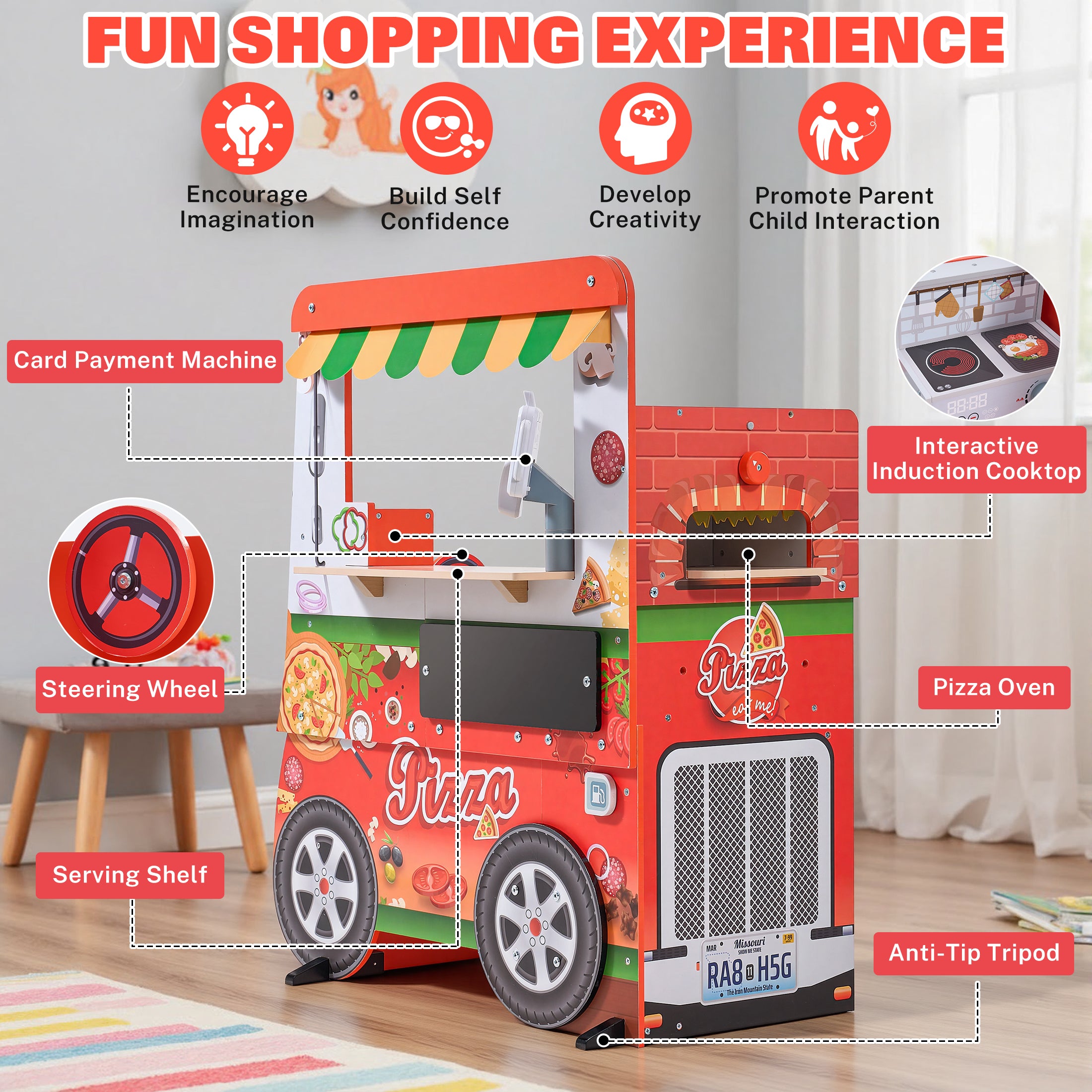 Wooden Pizza Food Truck Activity Center for Kids, 3+ | Play Kitchen for Kids with Wooden Play Food, Ice Cream Cart, Toy Kitchen Sets, Toddler Kitchen Playset, Pretend Play Food Truck Playset, Red