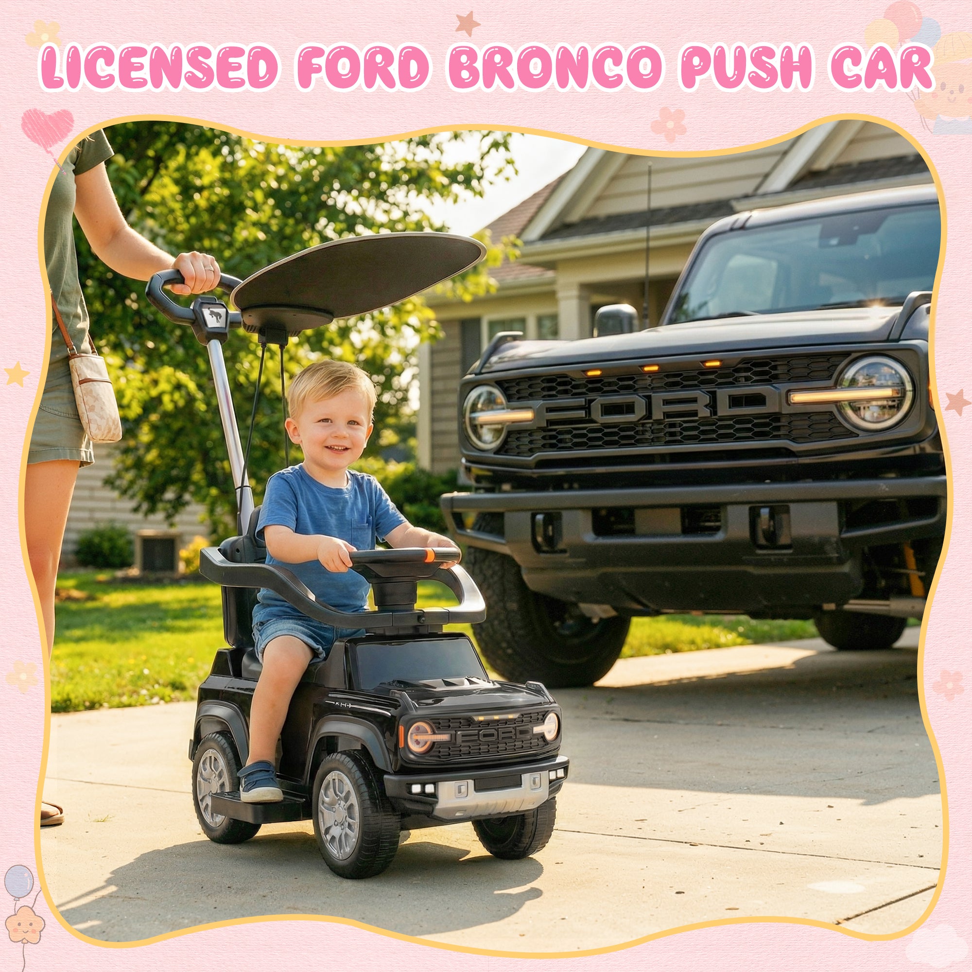 iYofe 3 In 1 Push Cars for Kids, Licensed Ford Bronco Ride On Toys w/Adjustable Handle, Canopy, Armrest Guardrail, Horn, Silent Wheels, Boys Girls Ride On Car for Toddlers Ages 18-36 Month