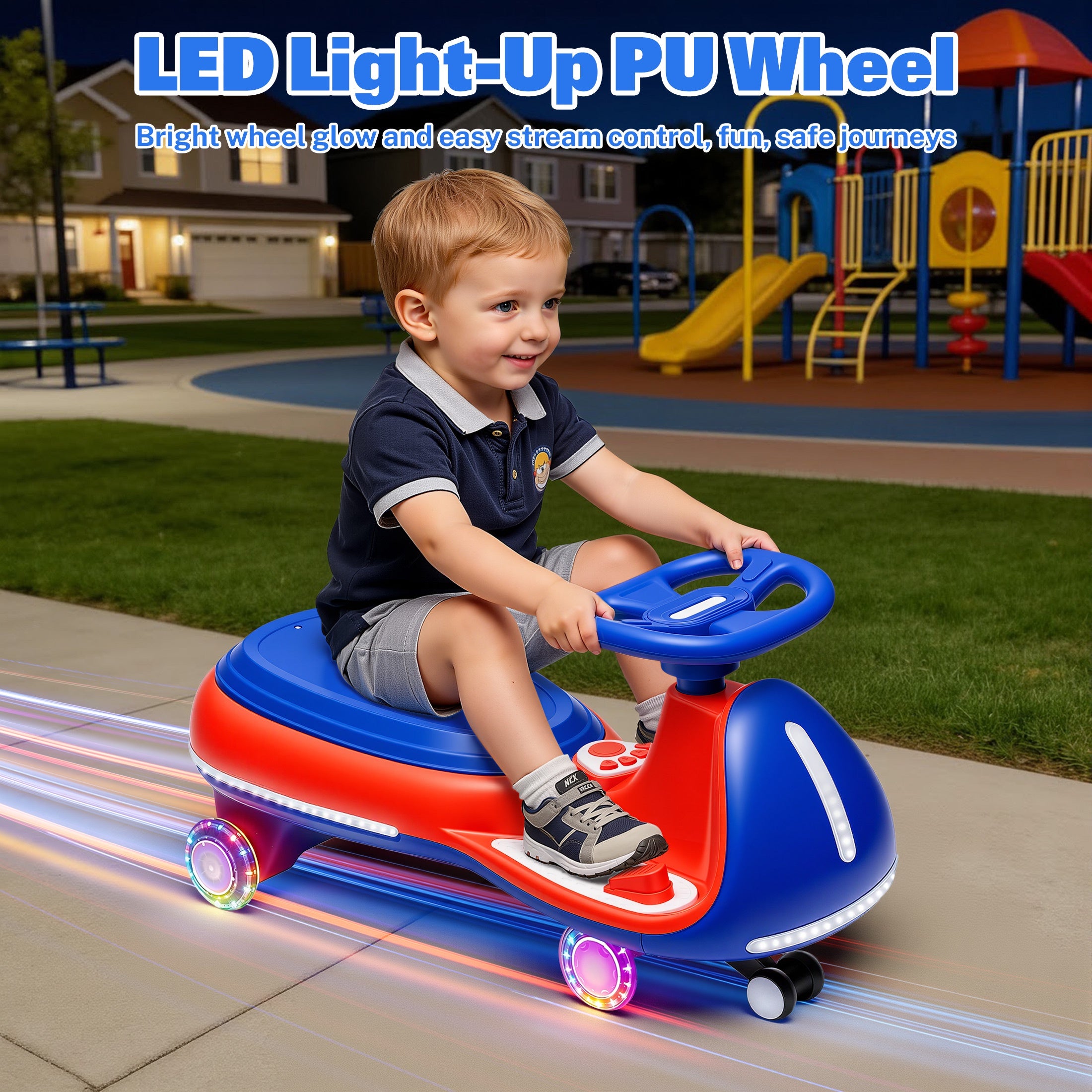 12V Electric Wiggle Car for Kids, Toddlers Ride on Toys with Pedal, Display, Flashing PU Wheels, LED Light, Bluetooth Music, Max Speed 5 MPH, Kids Ride on Cars for Boys Girls 3+, Blue+Red