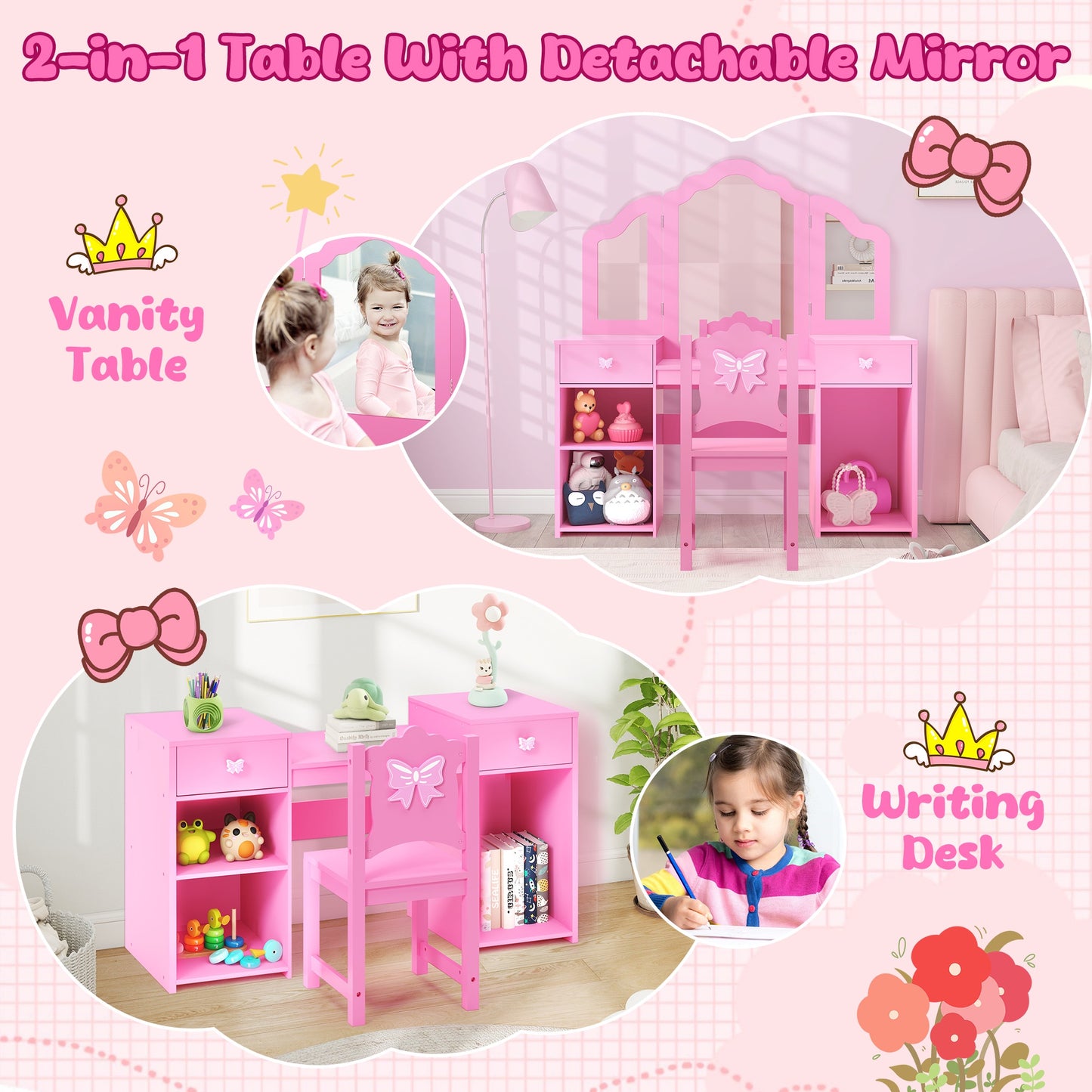 Girls Vanity Set with Mirror and Stool, Wood 2 in 1 Princess Kids Vanity Sets for Girls 3-9 Years Old, Kids Makeup Vanity Table Set with Detachable Top, Storage Cabinet, Pink