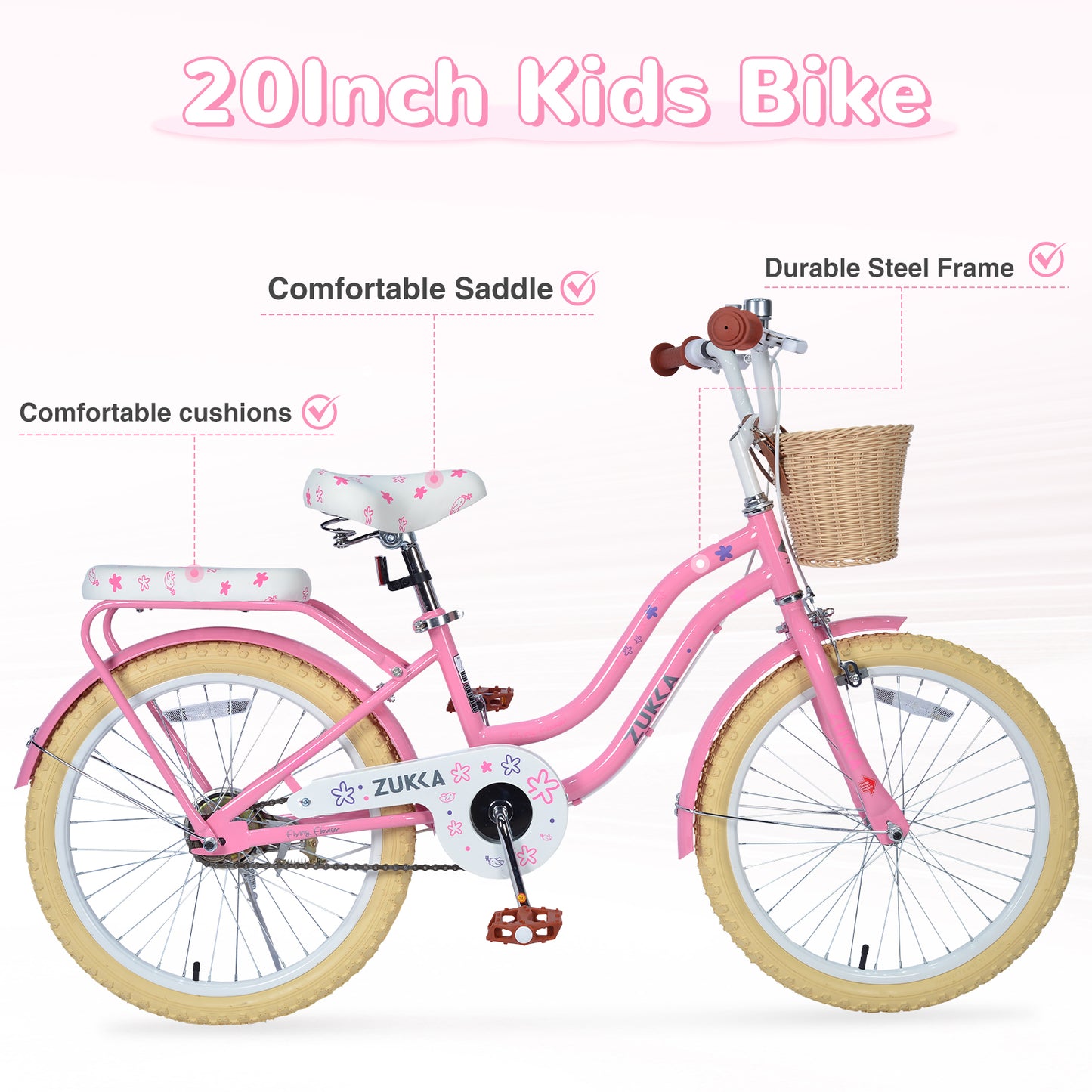 Girls Bike 20inch with Basket and Backseat, Front Caliper Brake and Rear Dand Brakes, Kids Bicycle for 7-10 Years Old, Single Speed