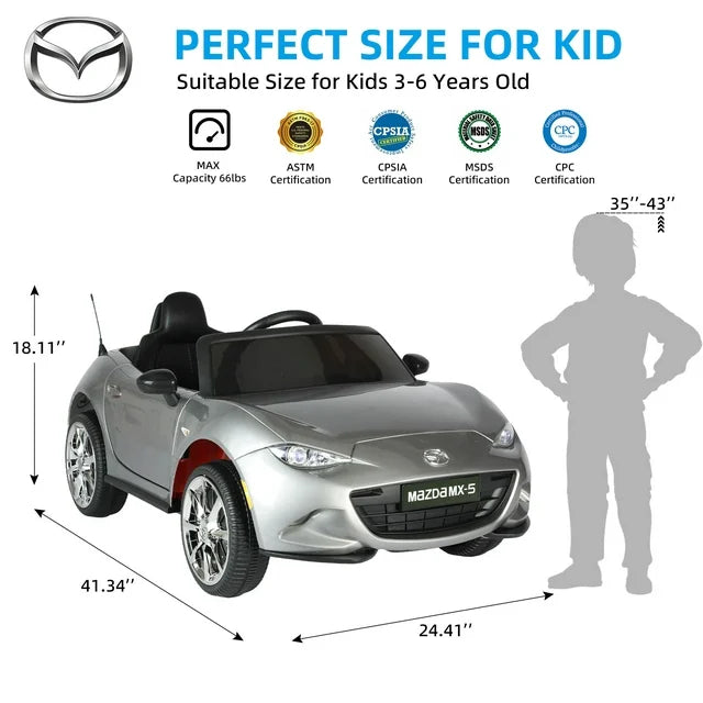 12V Ride on Cars for Kids, Licensed MAZDA MX-5 RF Battery Powered Ride on Toys with Remote Control MP3, Bluetooth, LED Light, Resistant Wheels Electric Cars for Kids Boys Girls 3-6 Ages Gifts