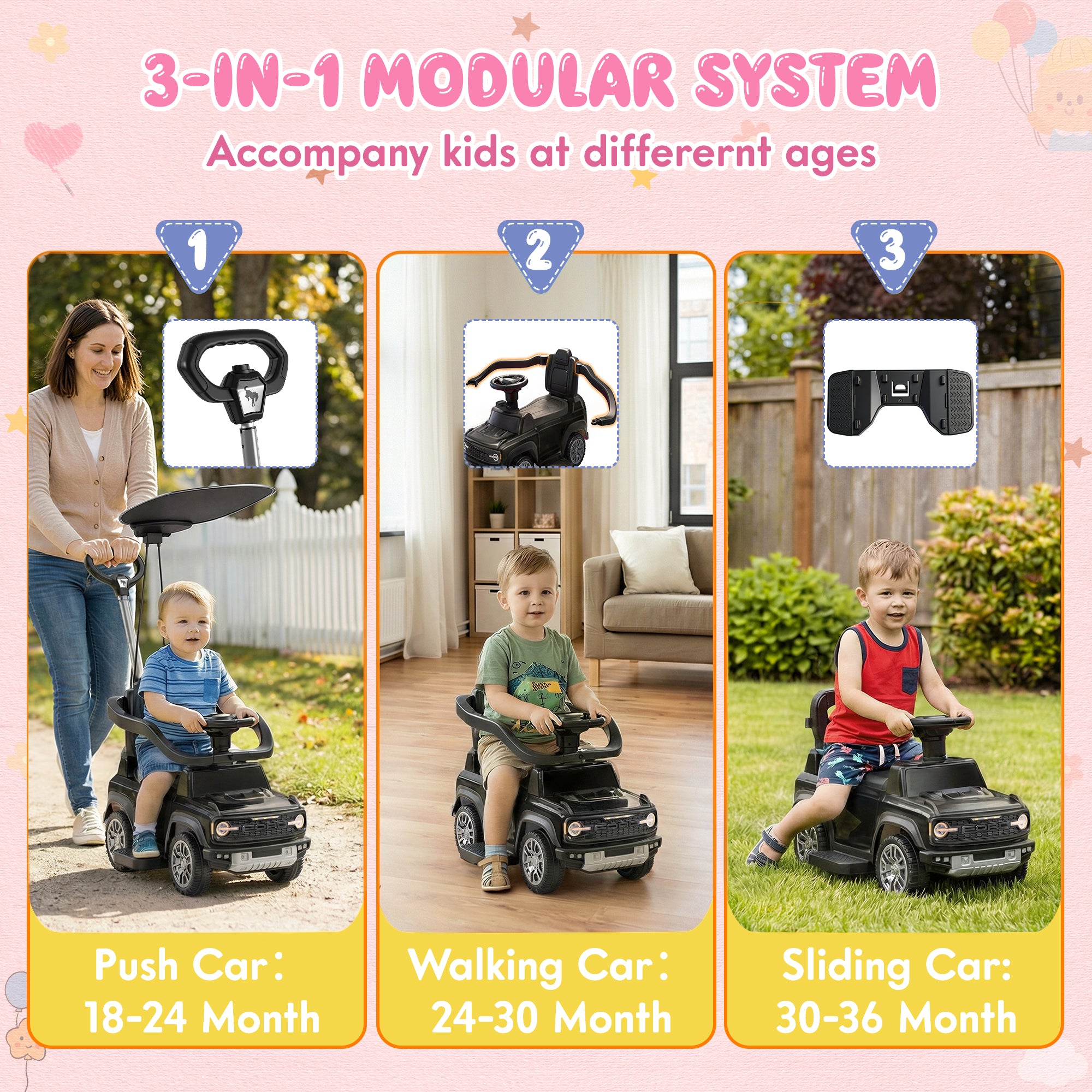 iYofe 3 In 1 Push Cars for Kids, Licensed Ford Bronco Ride On Toys w/Adjustable Handle, Canopy, Armrest Guardrail, Horn, Silent Wheels, Boys Girls Ride On Car for Toddlers Ages 18-36 Month