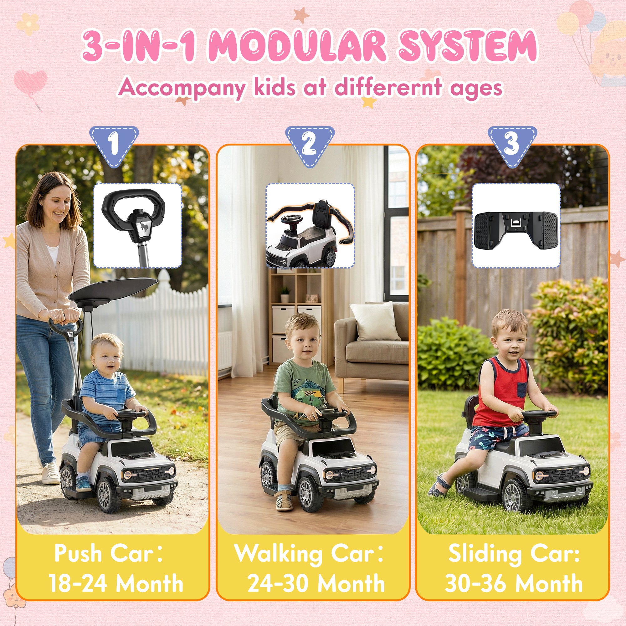 iYofe 3 In 1 Push Cars for Kids, Licensed Ford Bronco Ride On Toys w/Adjustable Handle, Canopy, Armrest Guardrail, Horn, Silent Wheels, Boys Girls Ride On Car for Toddlers Ages 18-36 Month