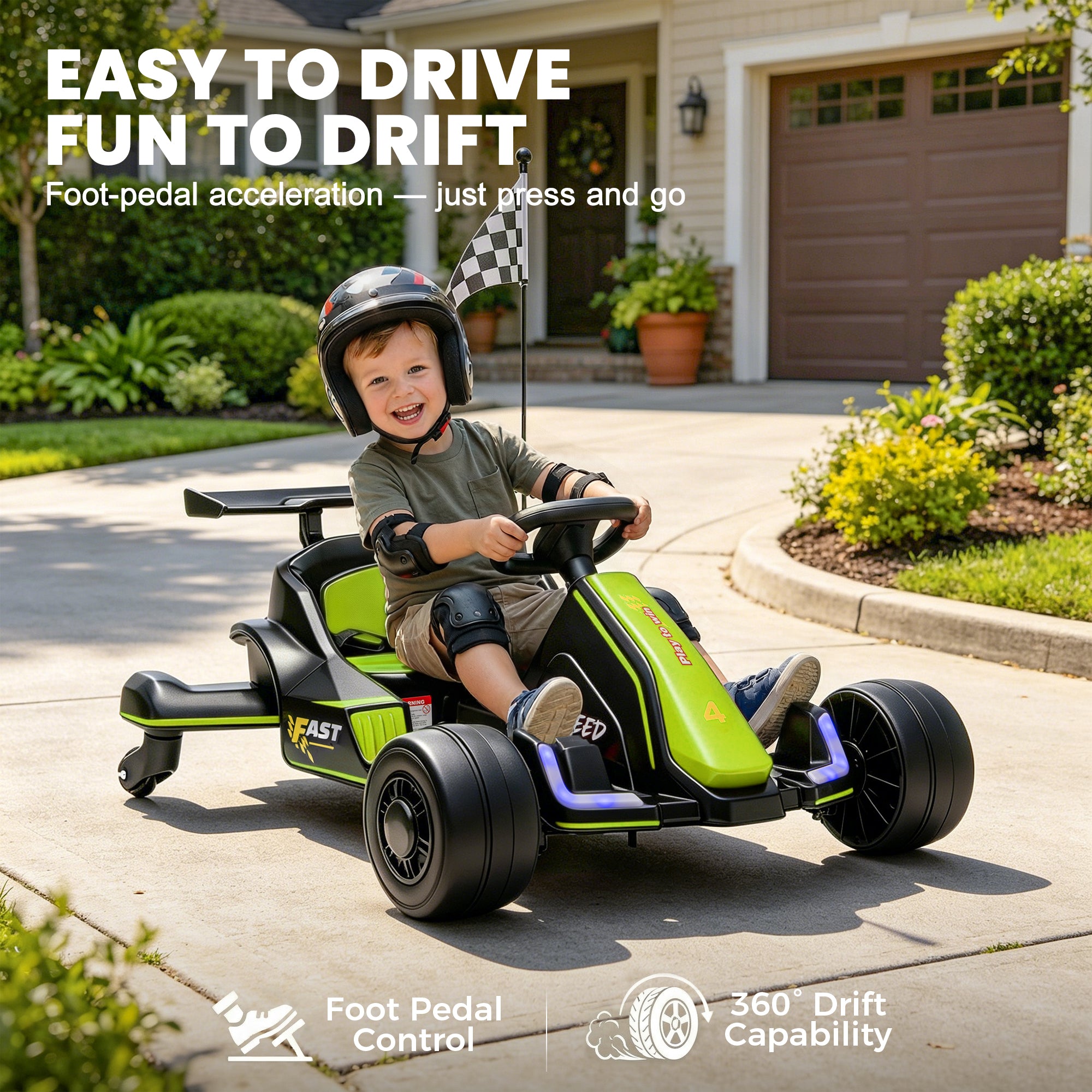 iYofe 12V Ride on Car for Kids, 360° Spin Drift Racing Go Kart with Powered PU Glowing Wheels, Water Spray Effect, Parent Remote Control, Electric Ride On Toys for Boys Girls Age 3-8