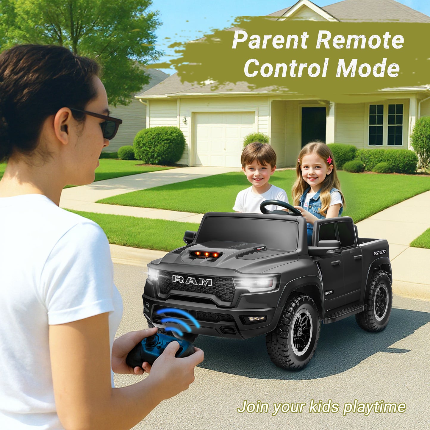 Ram Ride on Car Toys 2 Seater, 24V Ram 1500 Battery Powered Ride on Toy Truck with Remote Control, Electric Car for Kids Girls 3-8 w/ Bluetooth, Rear Storage Trunk, Safety Belt, 4 Wheelers