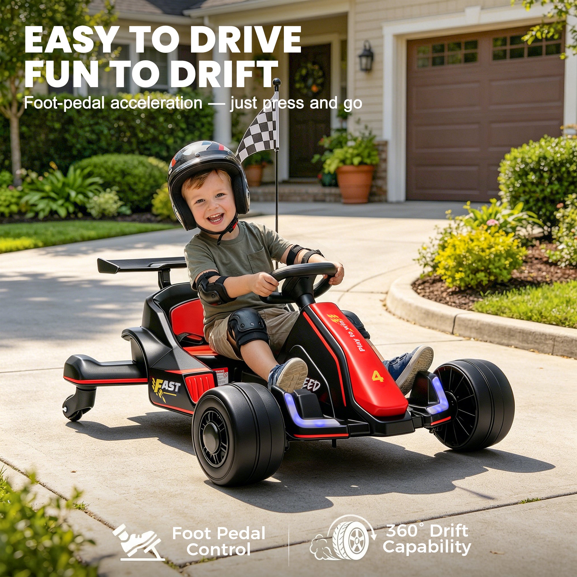 iYofe 12V Ride on Car for Kids, 360° Spin Drift Racing Go Kart with Powered PU Glowing Wheels, Water Spray Effect, Parent Remote Control, Electric Ride On Toys for Boys Girls Age 3-8