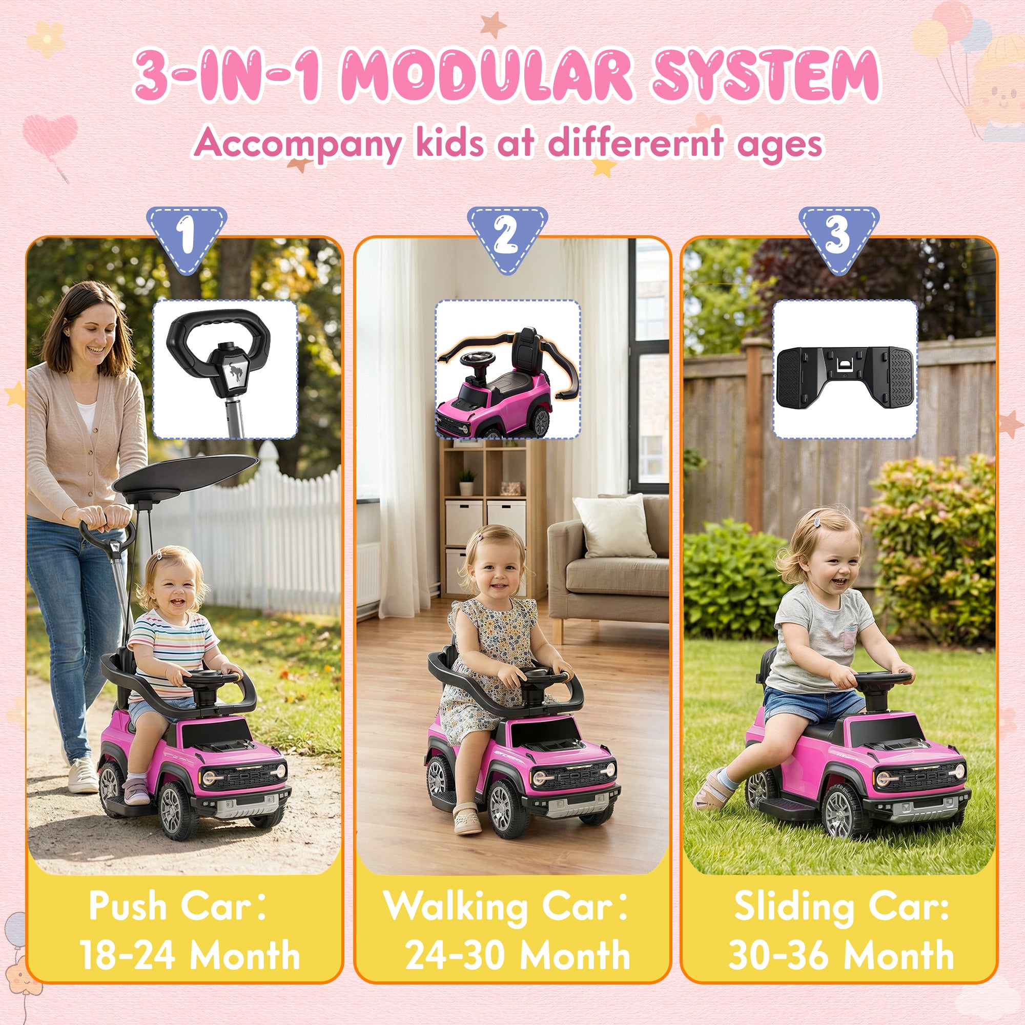 iYofe 3 In 1 Push Cars for Kids, Licensed Ford Bronco Ride On Toys w/Adjustable Handle, Canopy, Armrest Guardrail, Horn, Silent Wheels, Boys Girls Ride On Car for Toddlers Ages 18-36 Month