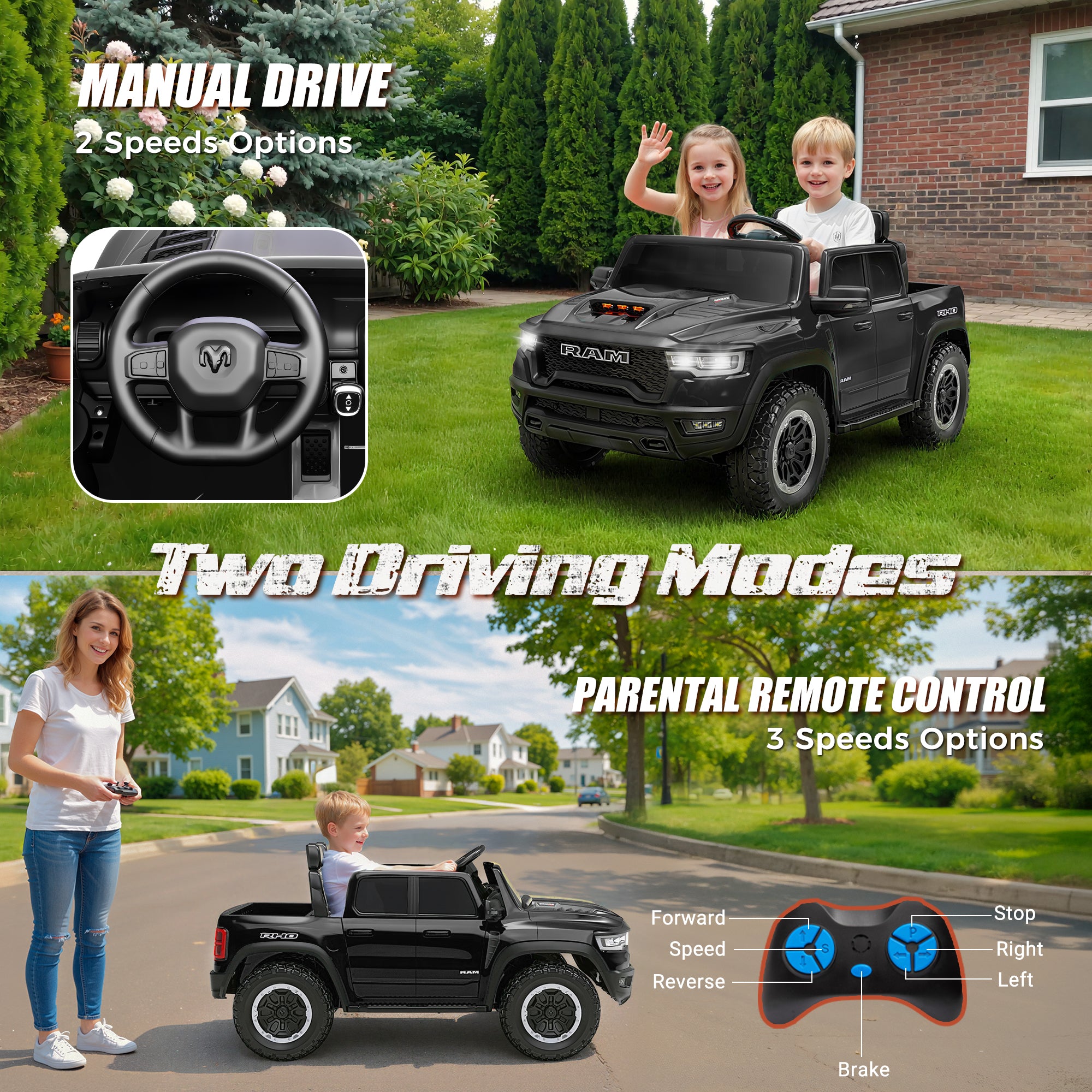 iYofe Ram 24V Ride on Car 2 Seater, Ram 1500 RHO Battery Powered Electric Car Truck with 4 Wheels, Ride on Toy with Remote Control for Big Kids Toddlers 3-8 Boys Girls, Bluetooth & Trunk