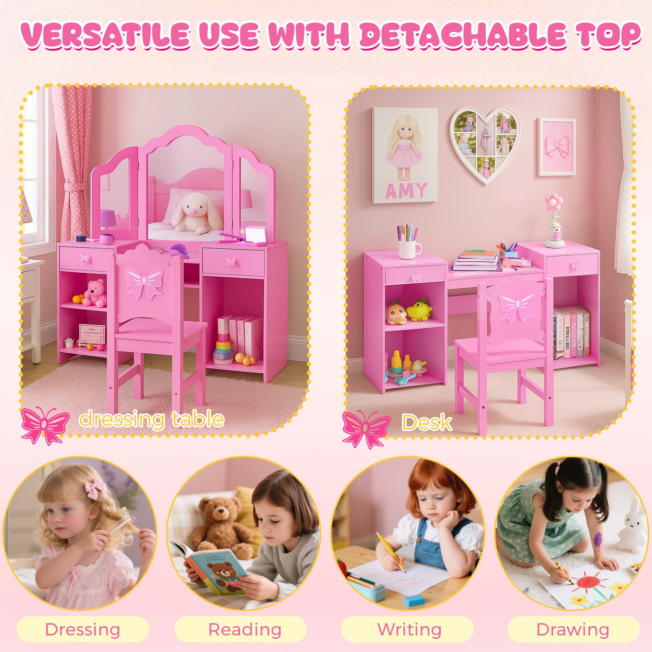 iYofe Kids Vanity Set, Girls Vanity Set with Mirror and Stool, Princess Girls Makeup Vanity Desk with Drawers, Open Storage Cabinet, Toddler Vanity Table and Chair Set for Little Girls Age 3-9, Pink