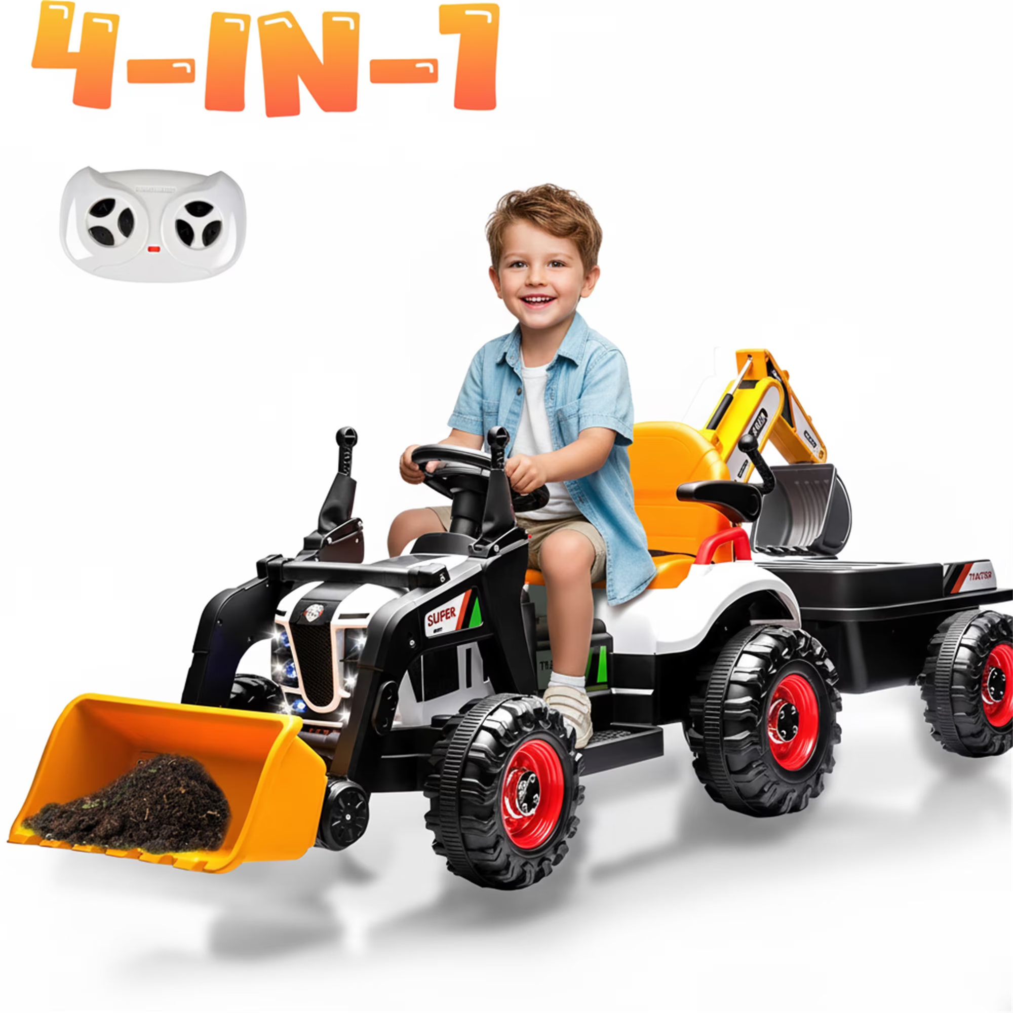4-in-1 24V Kids Ride On Electric Tractor Toy with Construction Attachments (Excavator, Dump Truck & Bulldozer) with Remote Control, 3 Speed Adjustable, Built-in Music Player, LED Light, Green