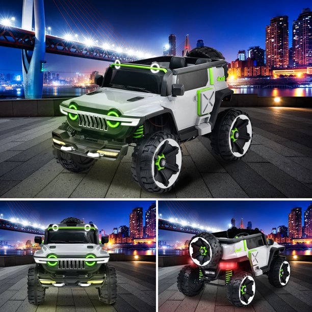 iYofe 12V Ride on Car with Two Seats, Battery Powered Ride on Toy for Kids, Electric Vehicle Ride on Truck W/ Remote Control, Lights, Music, USB, Bluetooth, Christmas Gift for Boys Girls, Light Gray