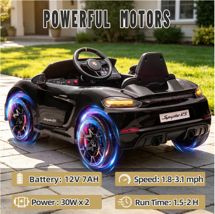 iYofe 12V Licensed Porsche Powered Ride On Car w/ Remote & Music, Ages 3+, Black