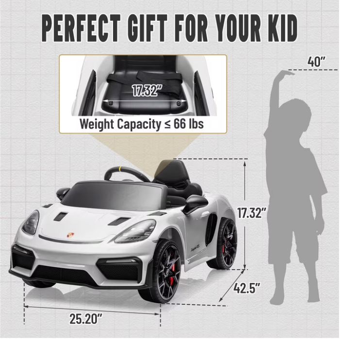 iYofe 12V Licensed Porsche Powered Ride On Car w/ Remote & Music, Ages 3+, White